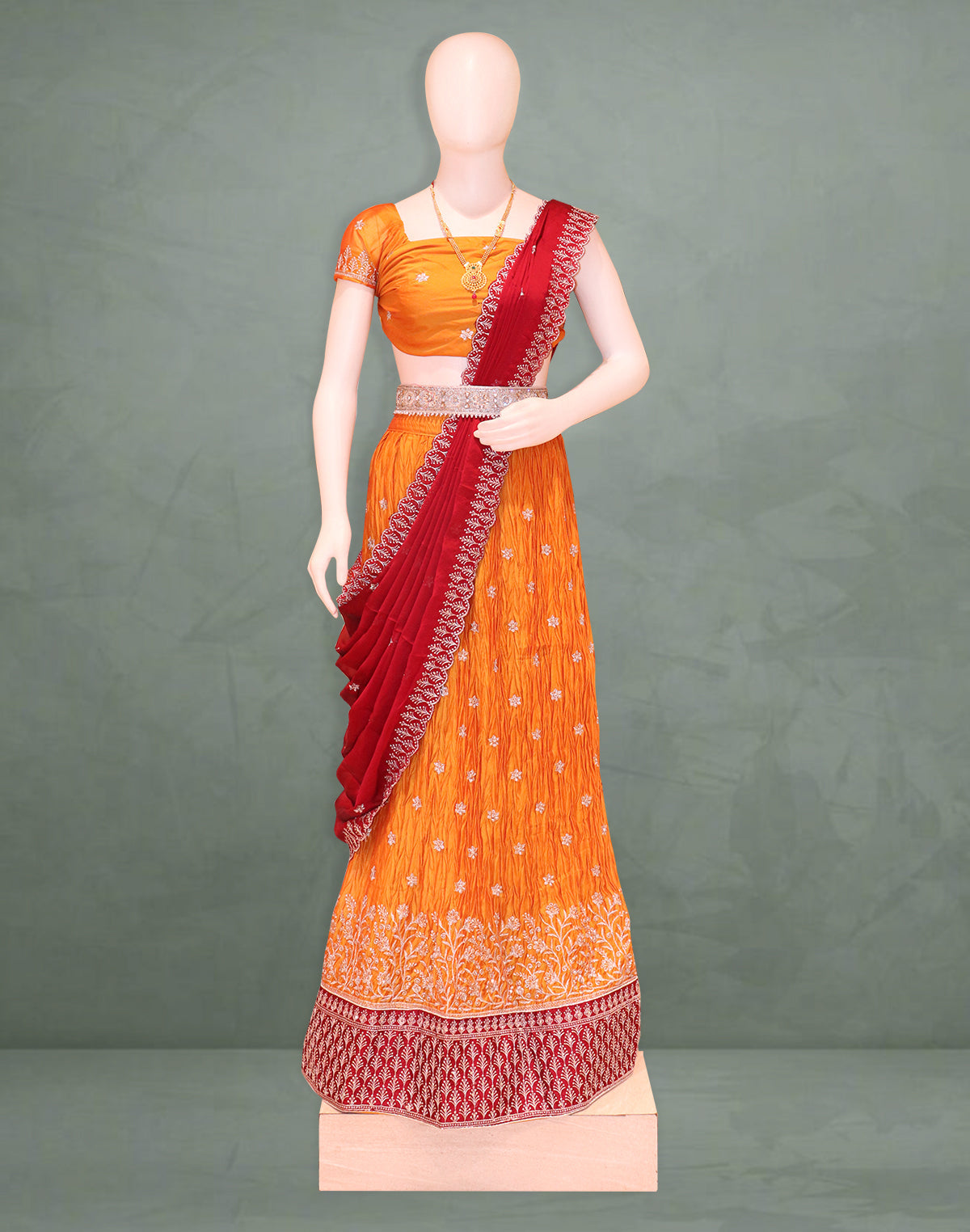 Mustard Floral silver Thread Embroidery work Crepe Fabric Half Saree