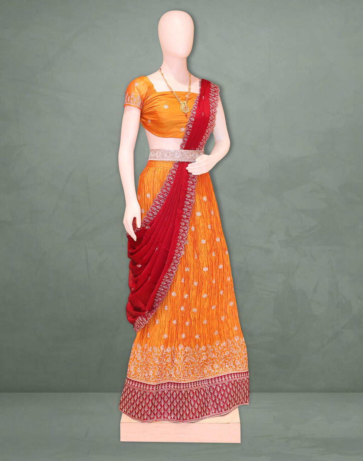 Mustard Floral silver Thread Embroidery work Crepe Fabric Half Saree