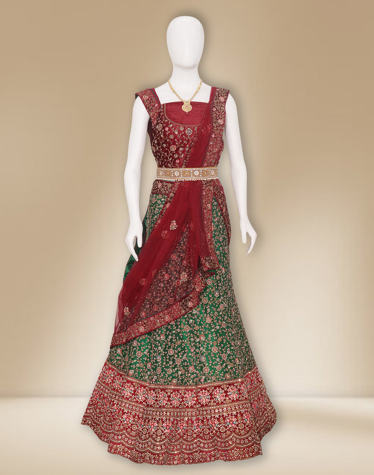 Green Netted Stones work Half Saree with Contrast Maroon Colour Velvet Border