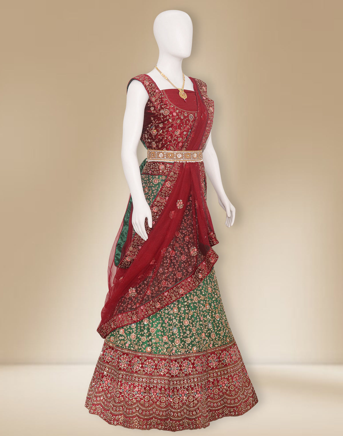 Green Netted Stones work Half Saree with Contrast Maroon Colour Velvet Border