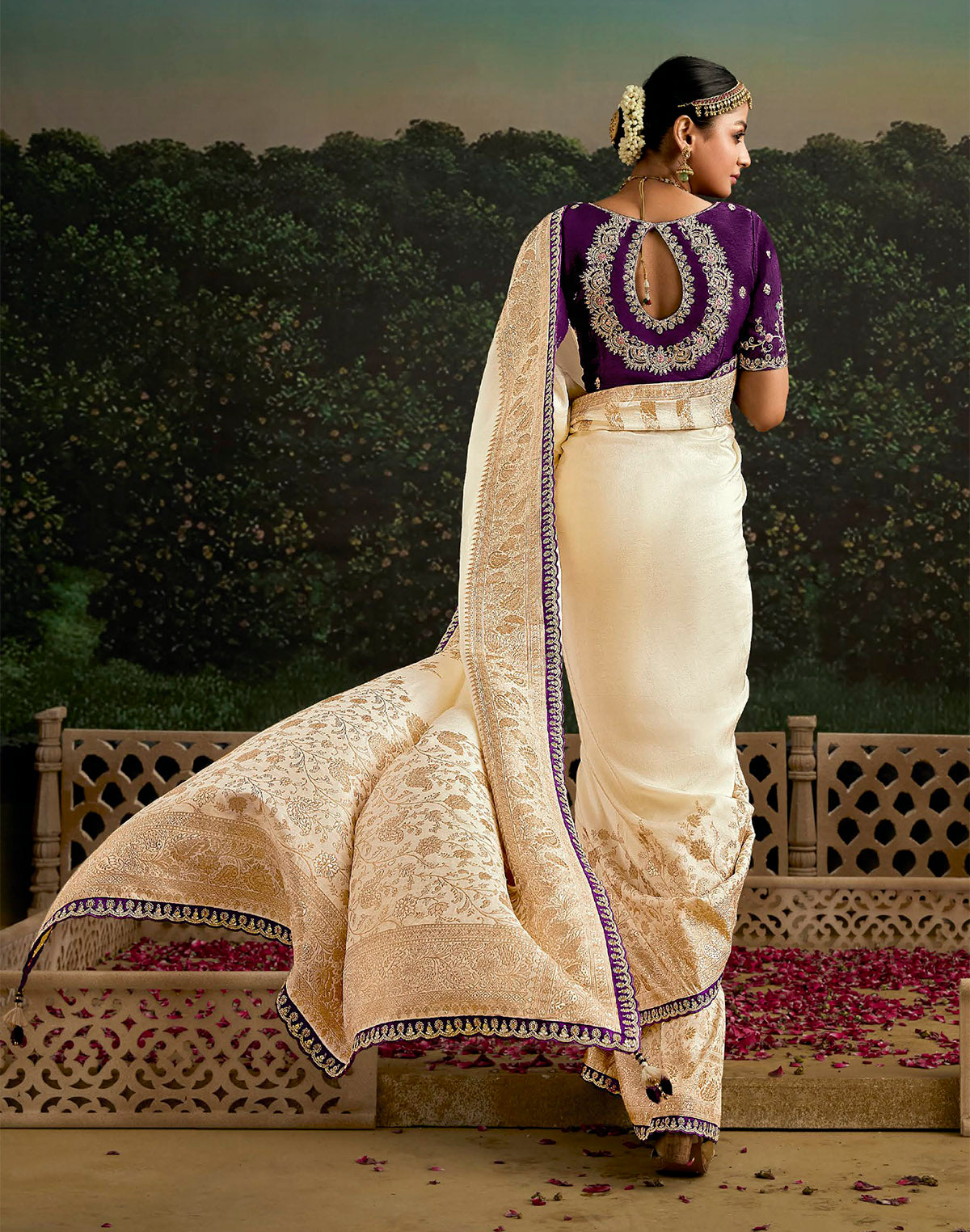 Cream Pure Dola Silk with Fancy Lace Border and Embroidery Worked Blouse