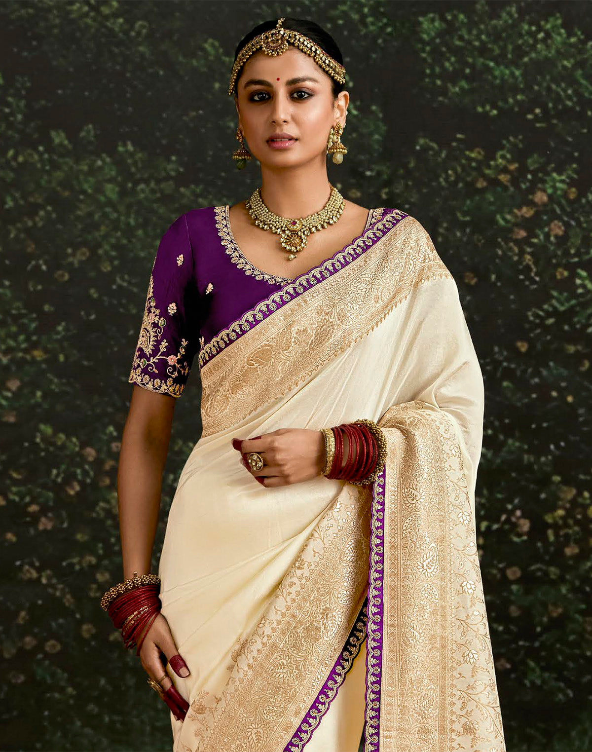 Cream Pure Dola Silk with Fancy Lace Border and Embroidery Worked Blouse