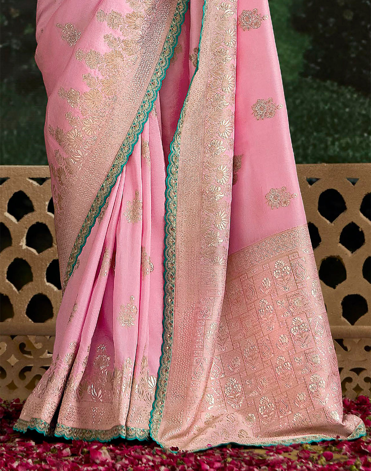 Classic Light Pink Lace Border Dola Silk Saree with Embroidery work Blouse