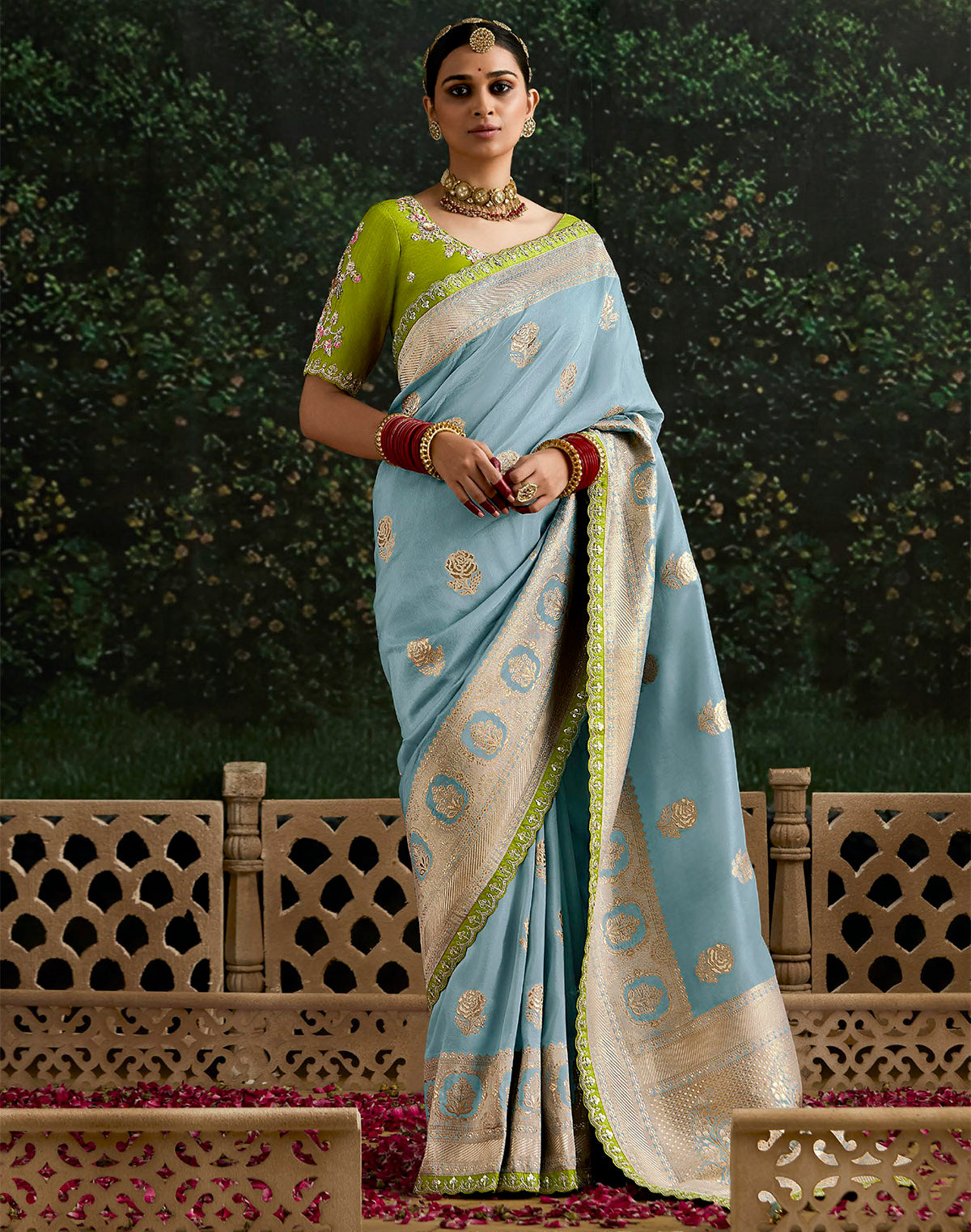 Light Blue Pure Dola Silk Lace Border Saree with Contrast work Blouse