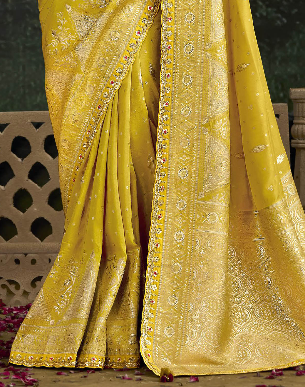 Yellow Floral design Pure Dola Silk Saree and Contrast Embroidery work Blouse
