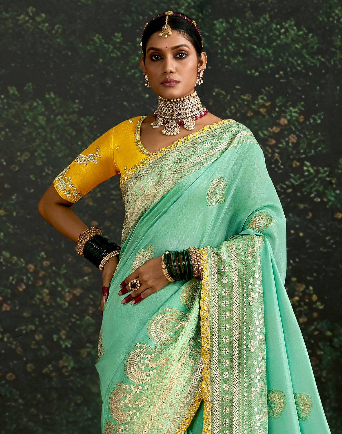 Sea Green Floral bunches Dola Silk Saree and Embroidery work Blouse