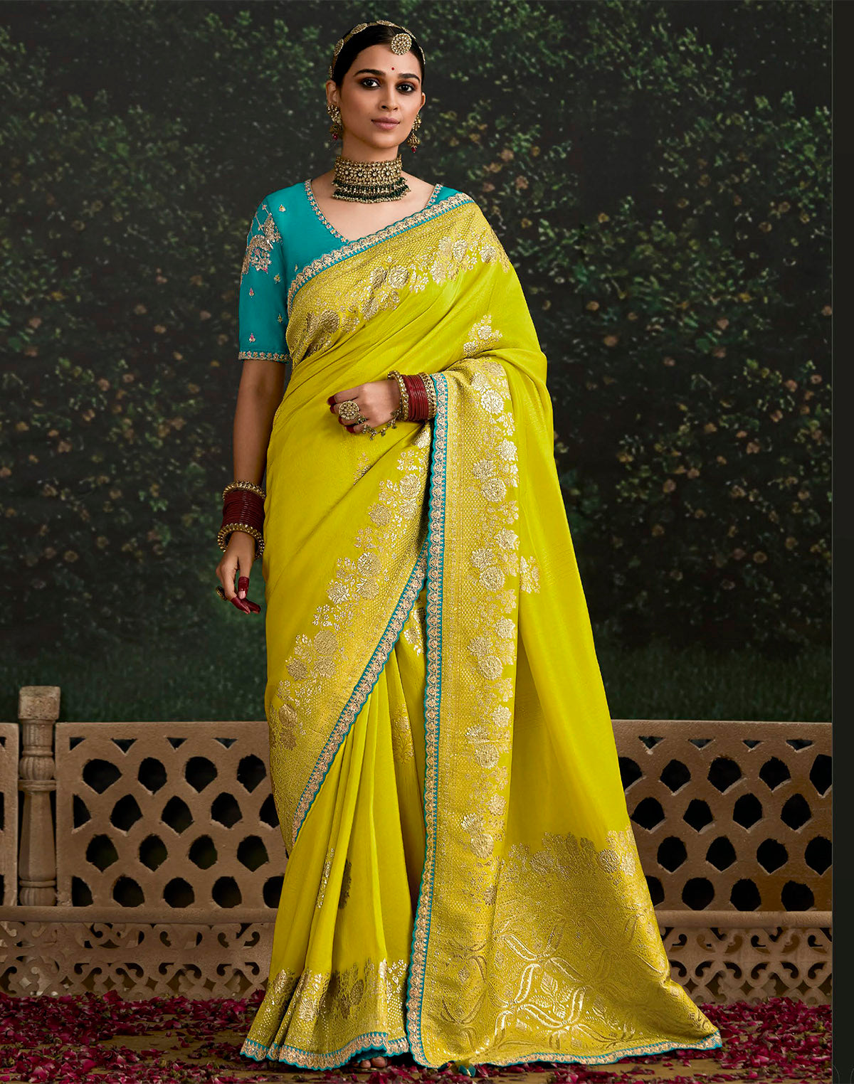 Lemon Yellow Fancy Lace Border Pure Dola Silk Saree with Embroidery work Blouse