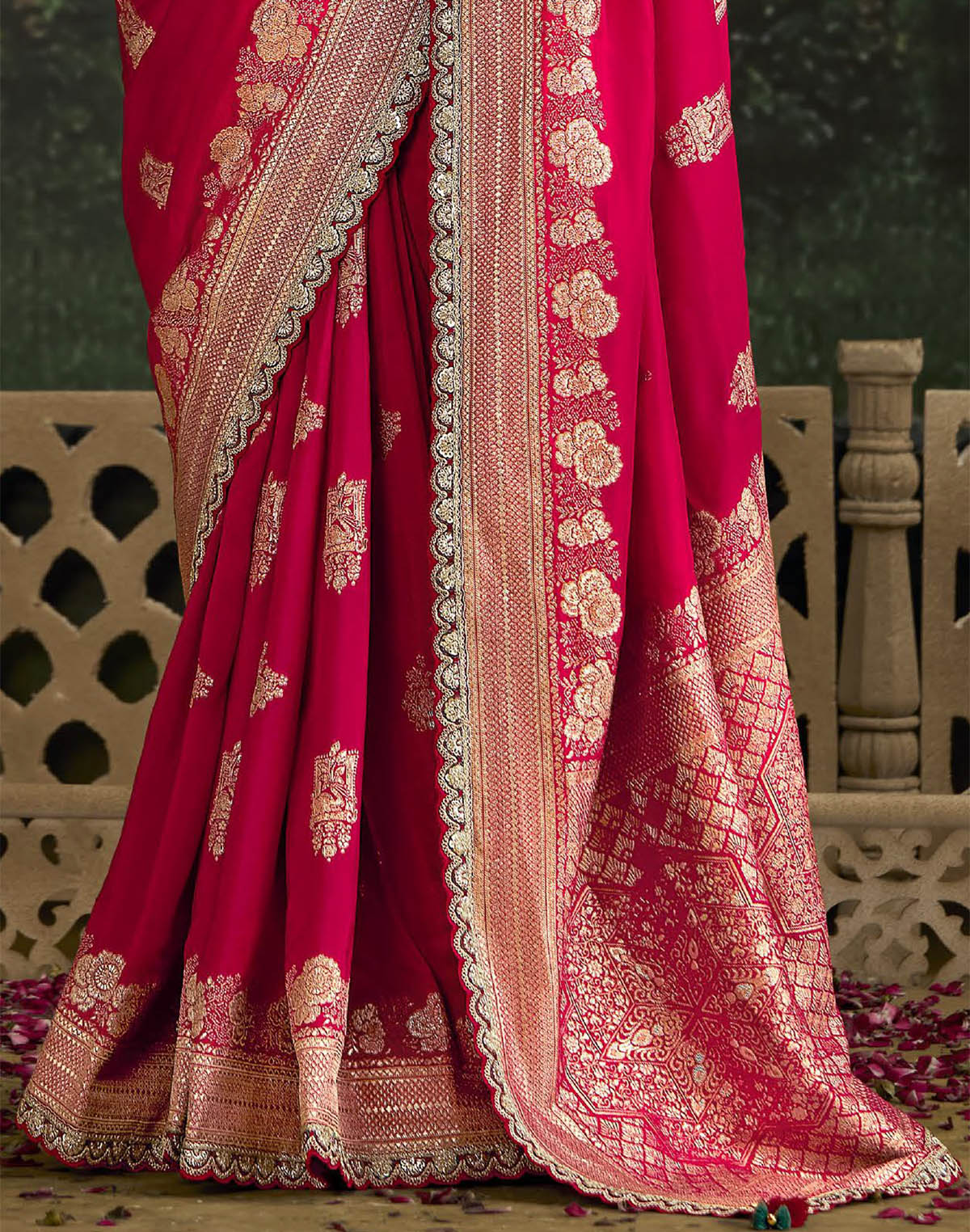 Dark Pink Floral Pure Dola Silk Saree with Contrast work Blouse