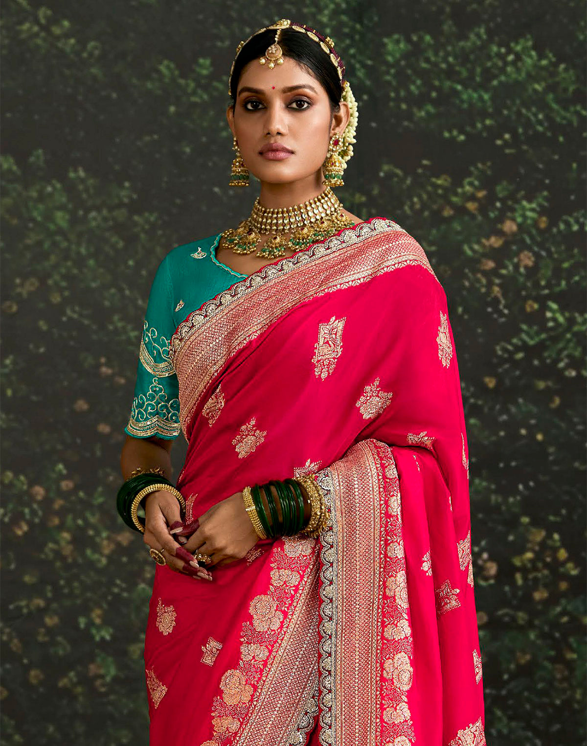 Dark Pink Floral Pure Dola Silk Saree with Contrast work Blouse
