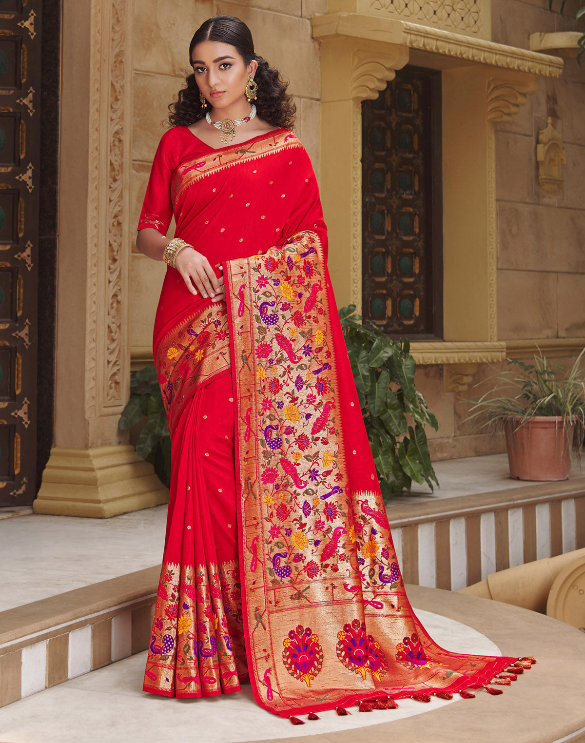 Dark Red Butta Banarasi Paithani Border Saree with Tussels