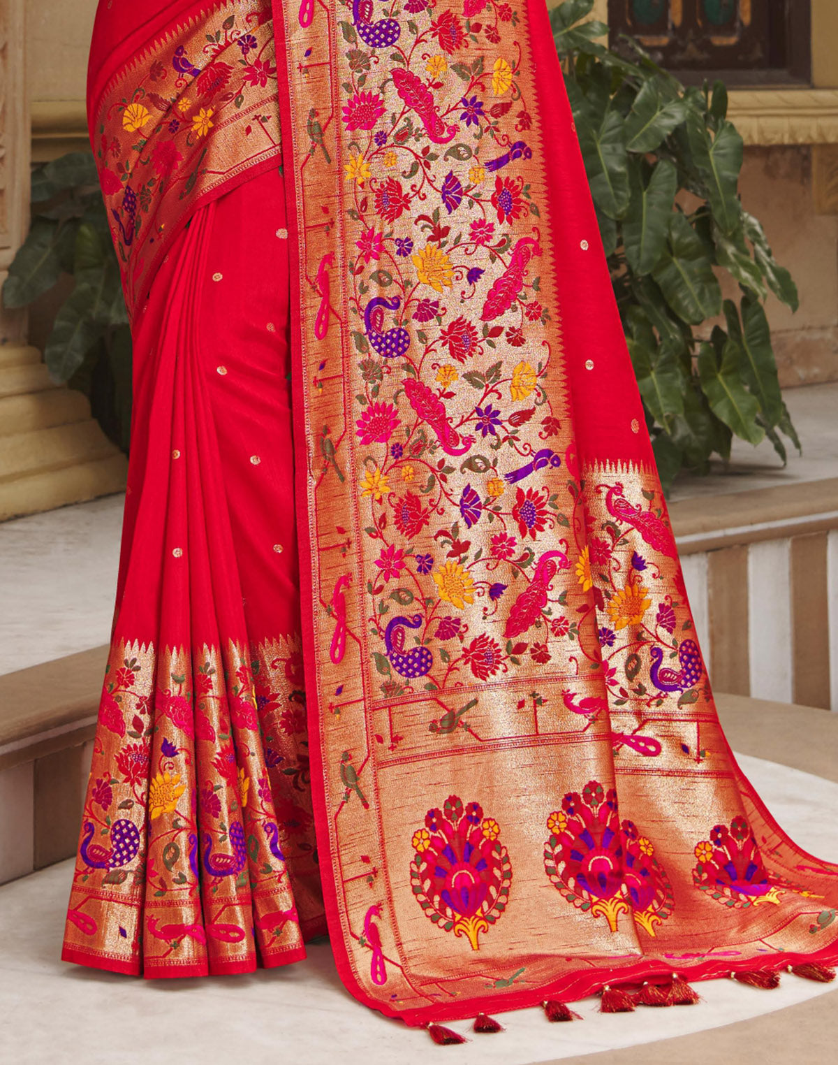 Dark Red Butta Banarasi Paithani Border Saree with Tussels