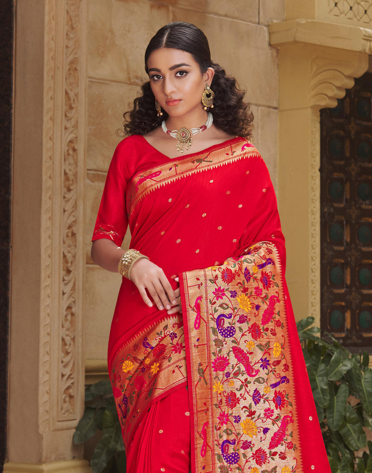 Dark Red Butta Banarasi Paithani Border Saree with Tussels