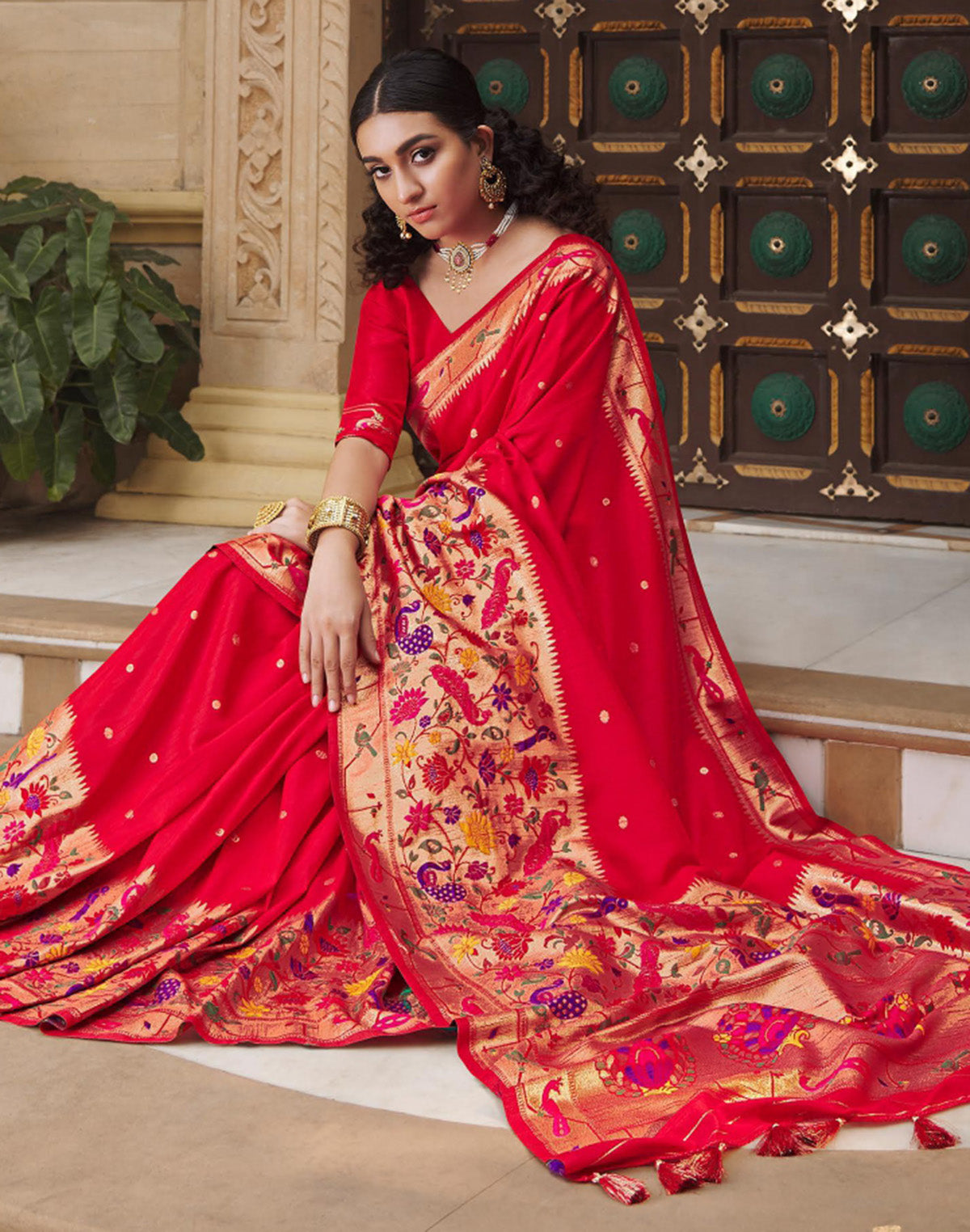 Dark Red Butta Banarasi Paithani Border Saree with Tussels