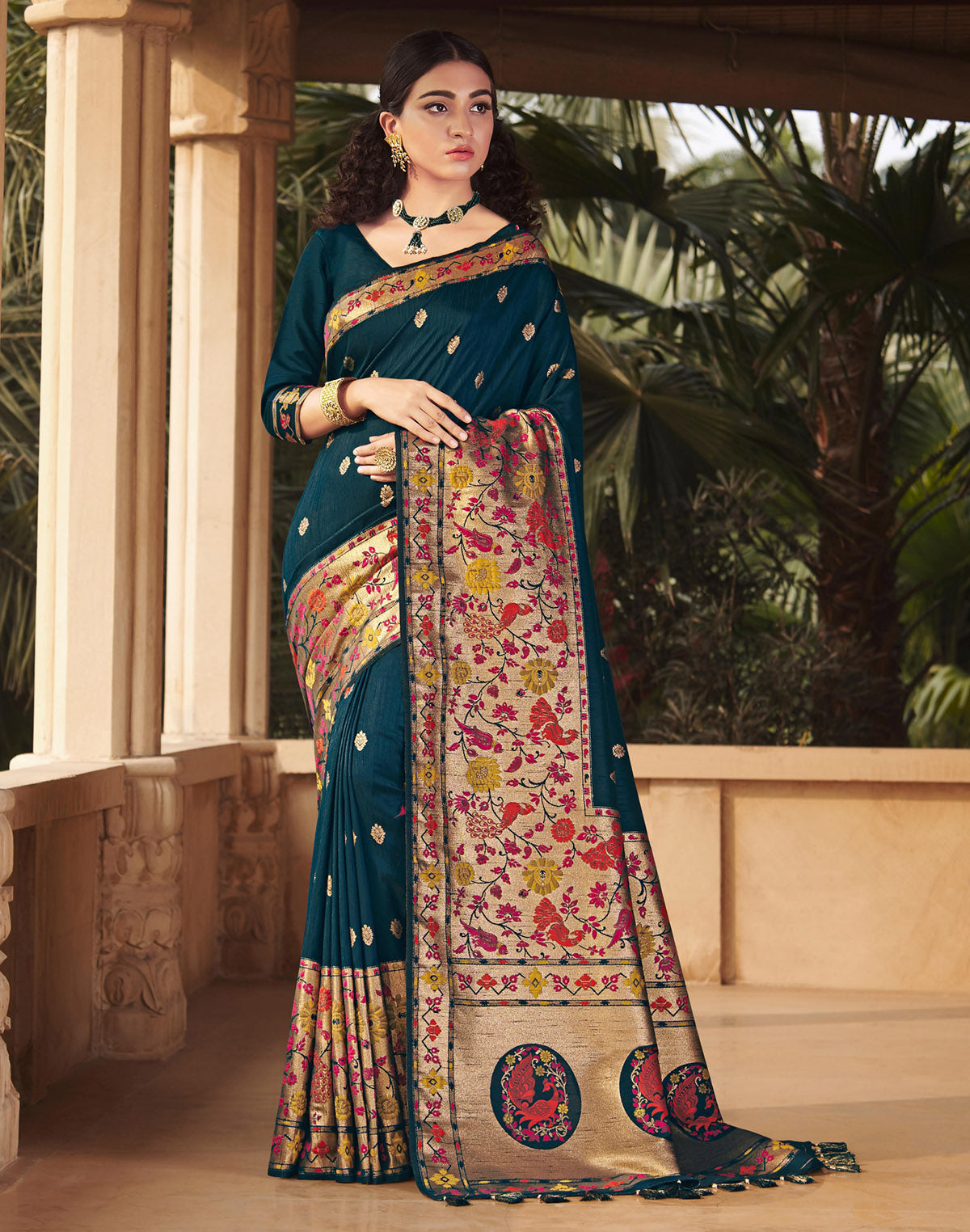 Peacock Blue Trendy Banarasi Paithani Big Border Saree
