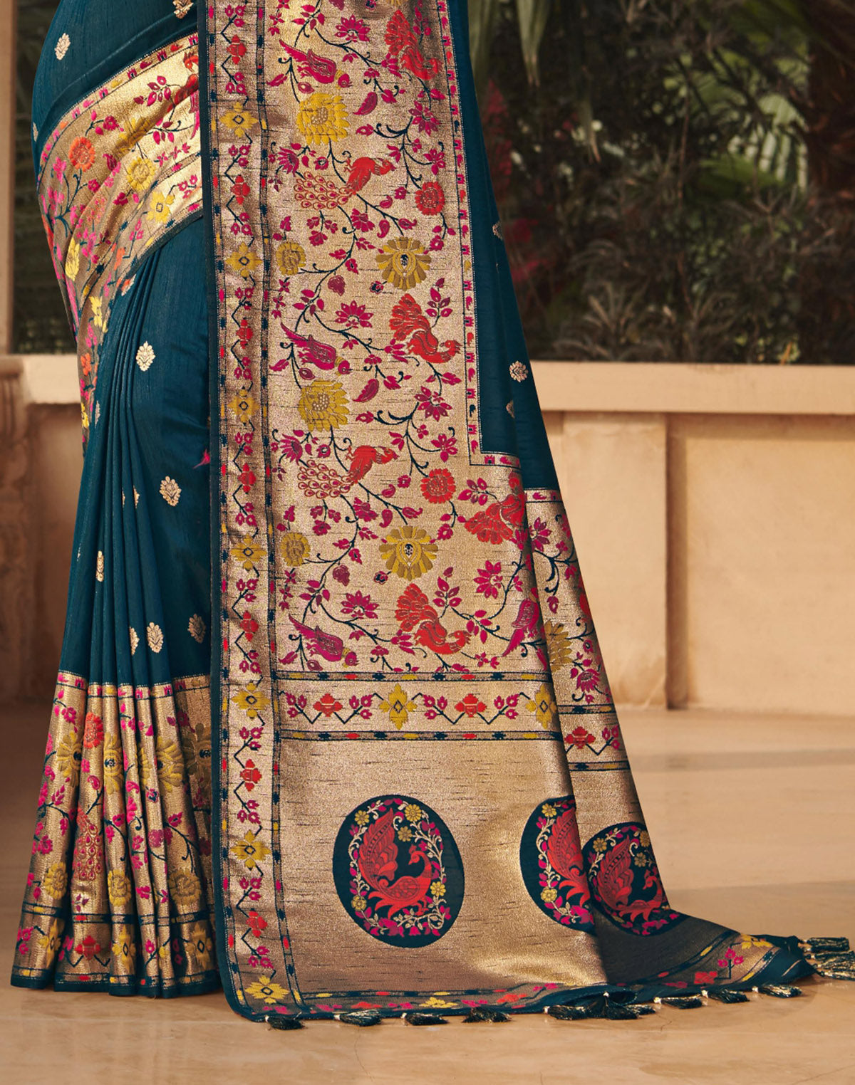Peacock Blue Trendy Banarasi Paithani Big Border Saree