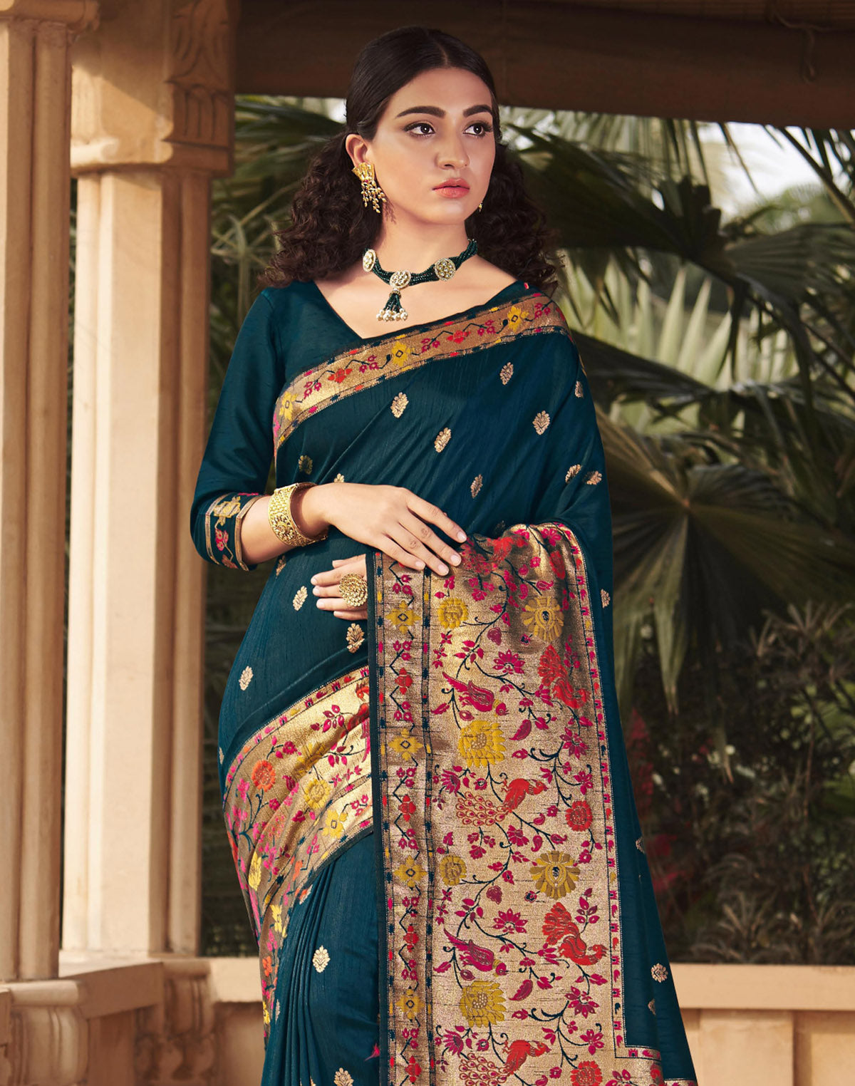 Peacock Blue Trendy Banarasi Paithani Big Border Saree