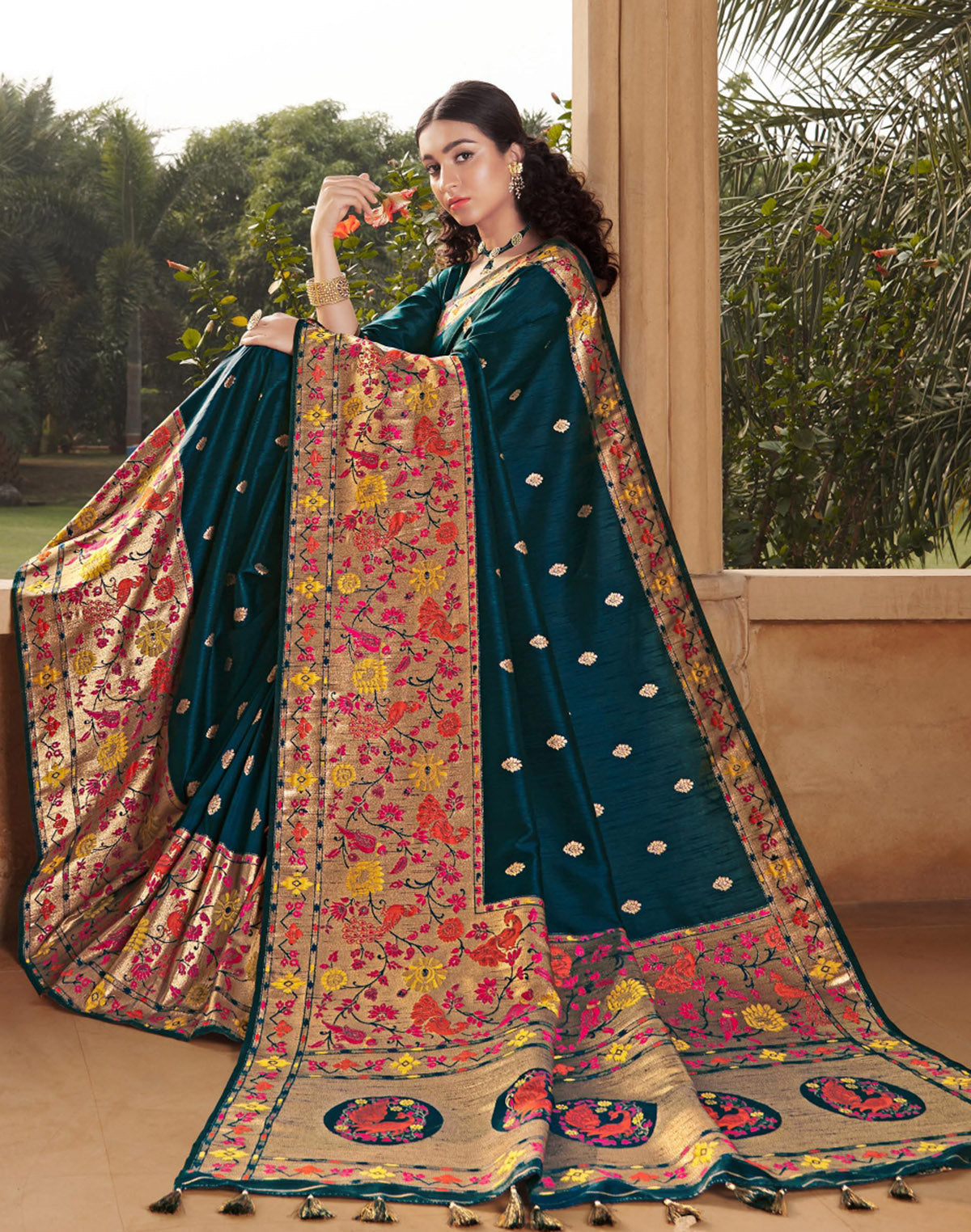 Peacock Blue Trendy Banarasi Paithani Big Border Saree