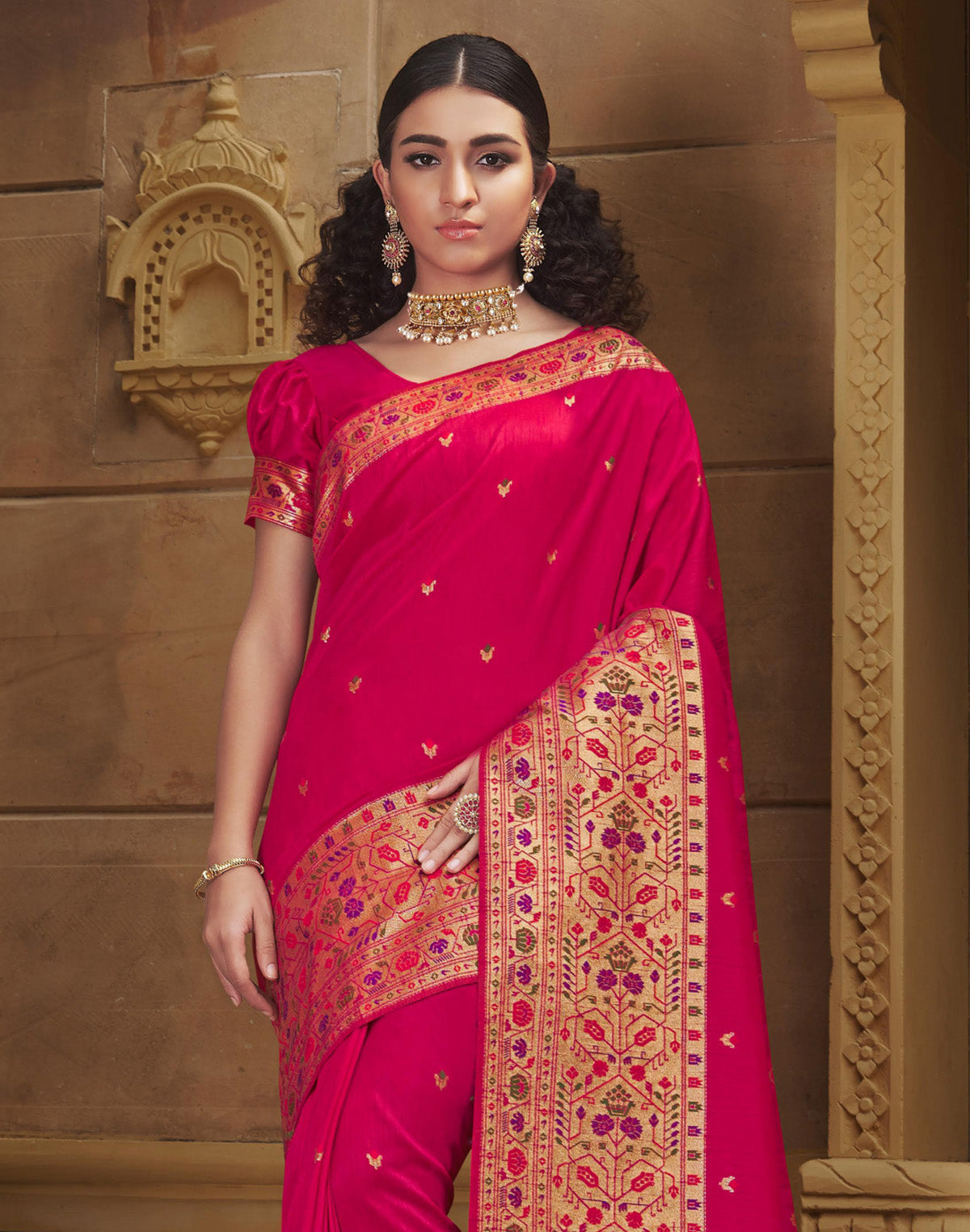 Pink Coloured Floral Banarasi Paithani Border Saree