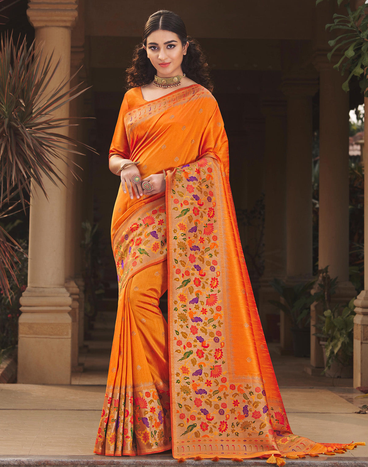 Orange all over Butta Banarasi Big Paithani Border Saree
