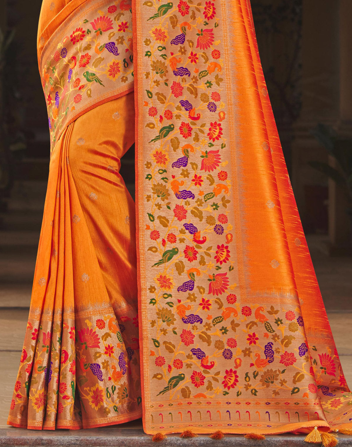 Orange all over Butta Banarasi Big Paithani Border Saree