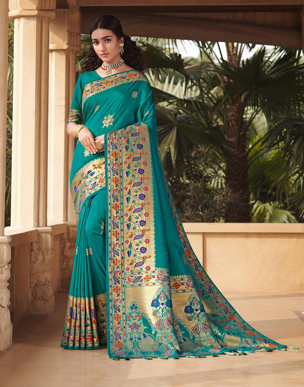 Teal Green Zari Weaving Banarasi Paithani Border Saree