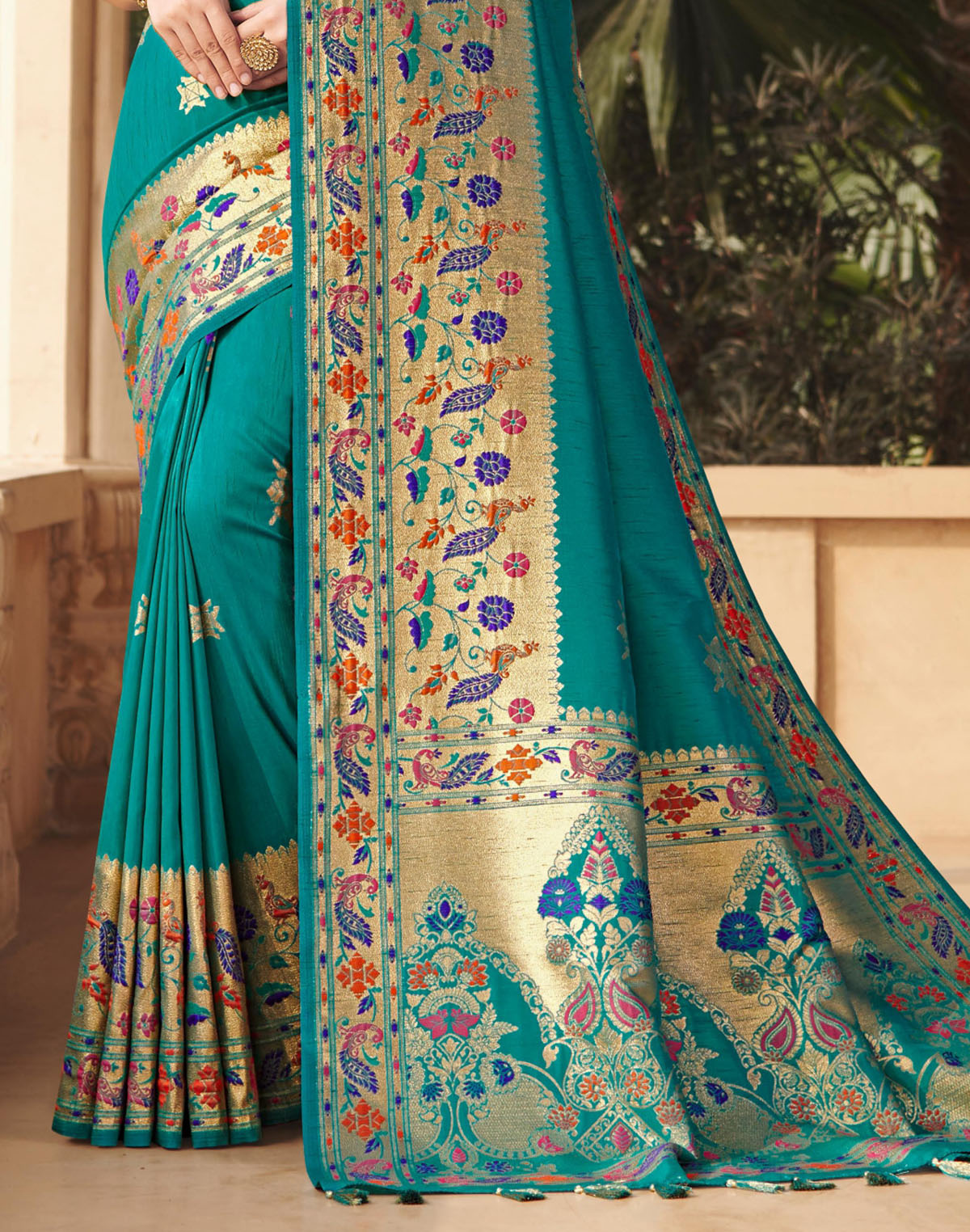 Teal Green Zari Weaving Banarasi Paithani Border Saree