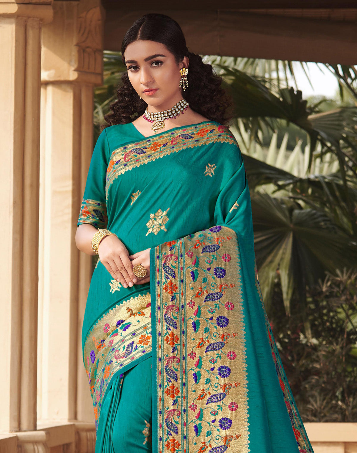 Teal Green Zari Weaving Banarasi Paithani Border Saree