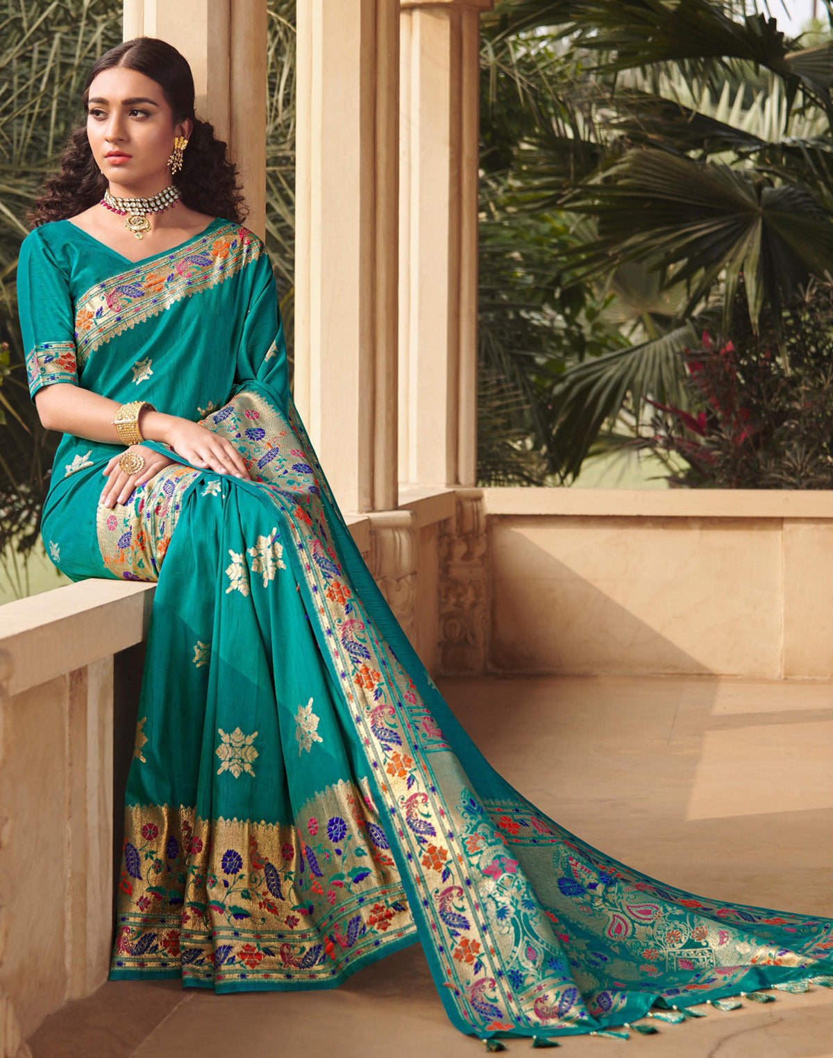 Teal Green Zari Weaving Banarasi Paithani Border Saree