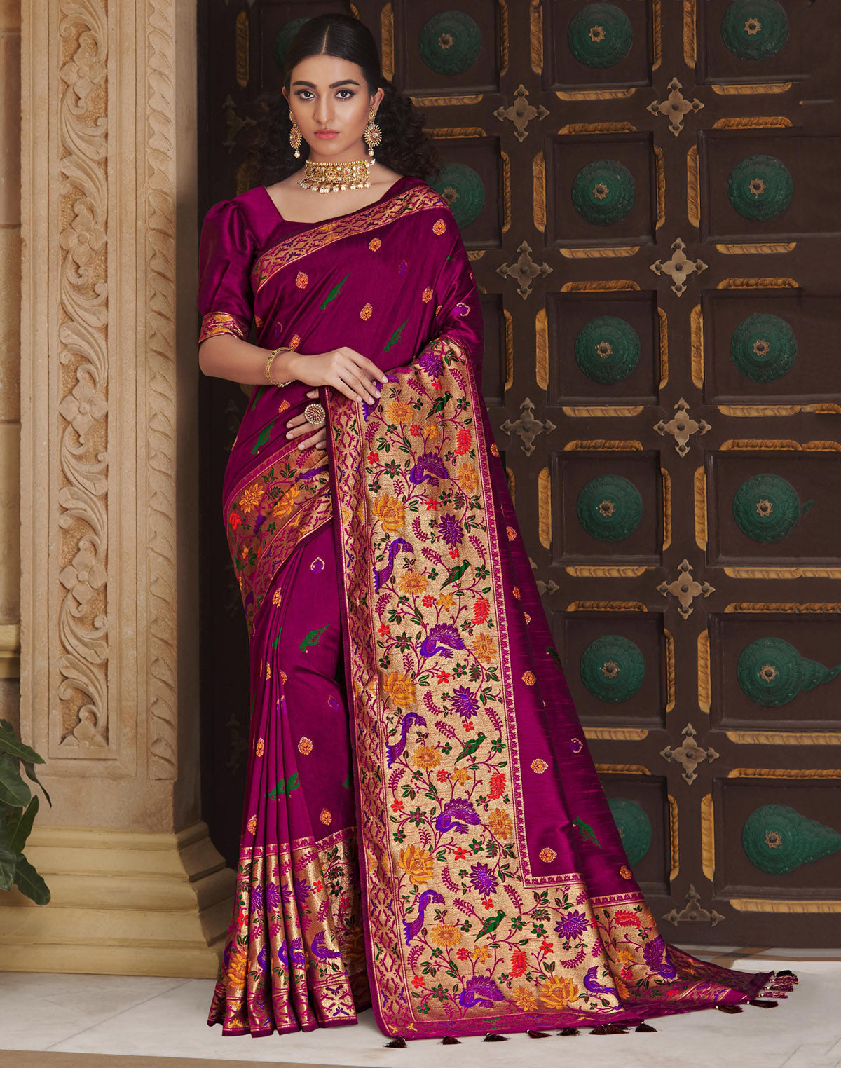 Purple Floral Pattern Banarasi Paithani Border Saree