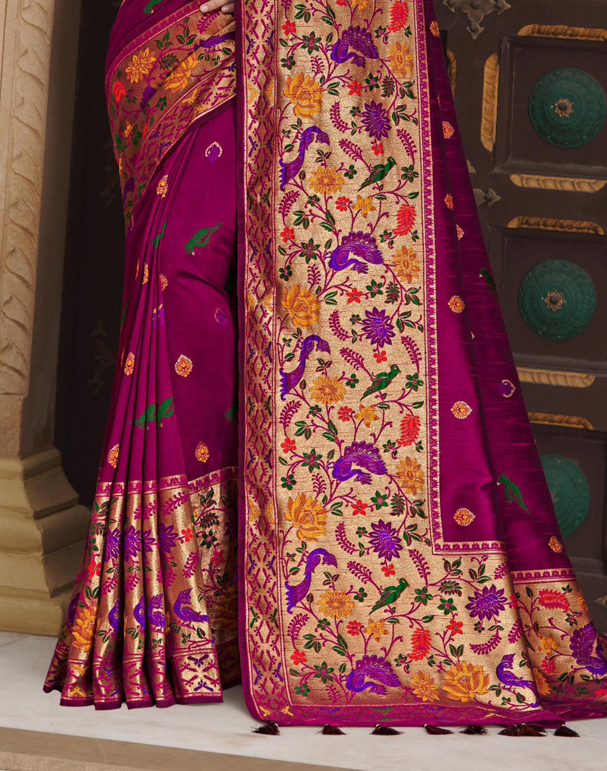 Purple Floral Pattern Banarasi Paithani Border Saree