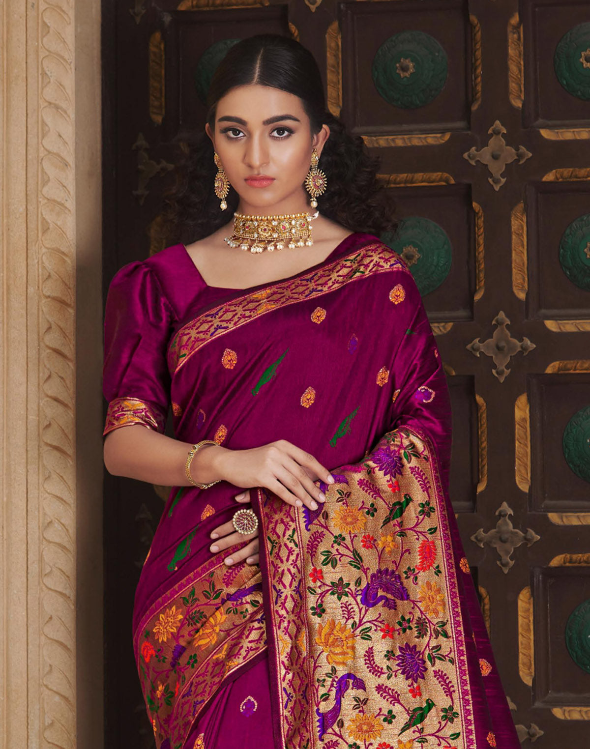 Purple Floral Pattern Banarasi Paithani Border Saree