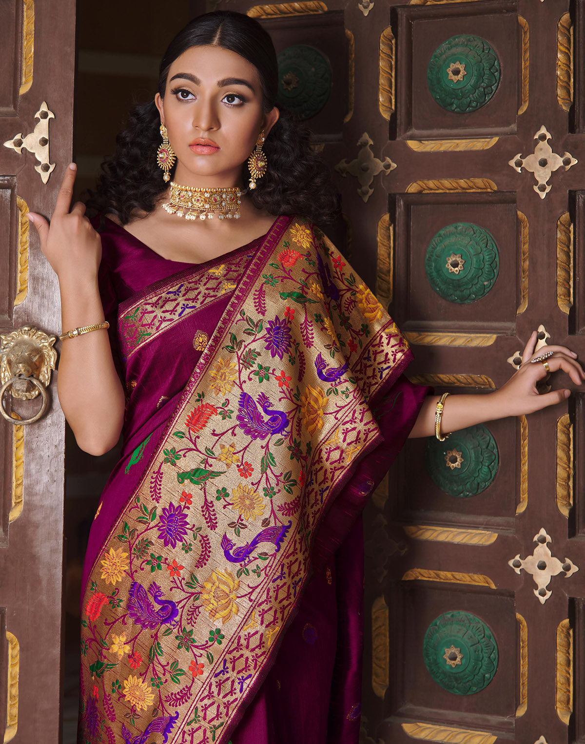Purple Floral Pattern Banarasi Paithani Border Saree