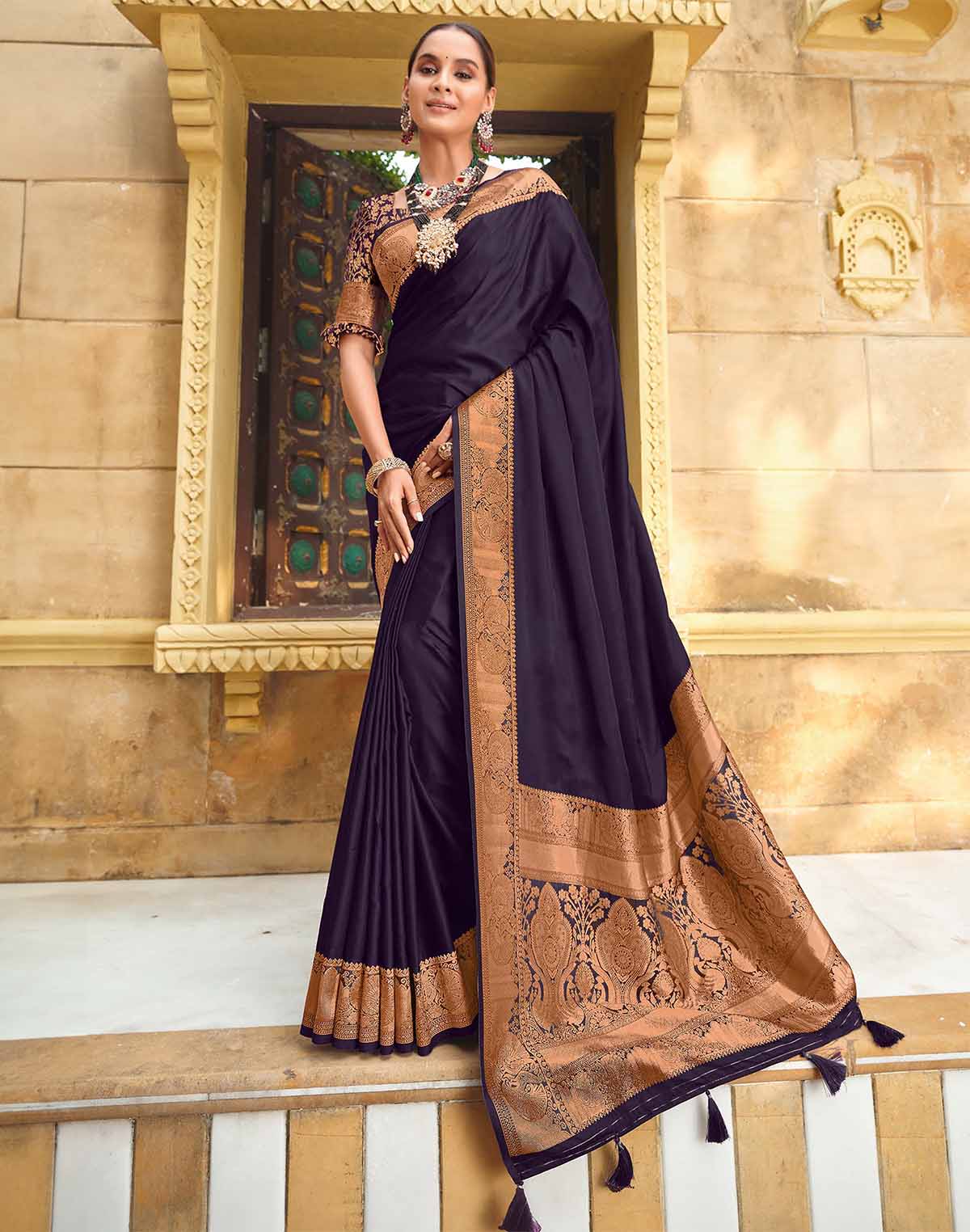 Dark Purple Satin Party Wear Saree with Elegant Border