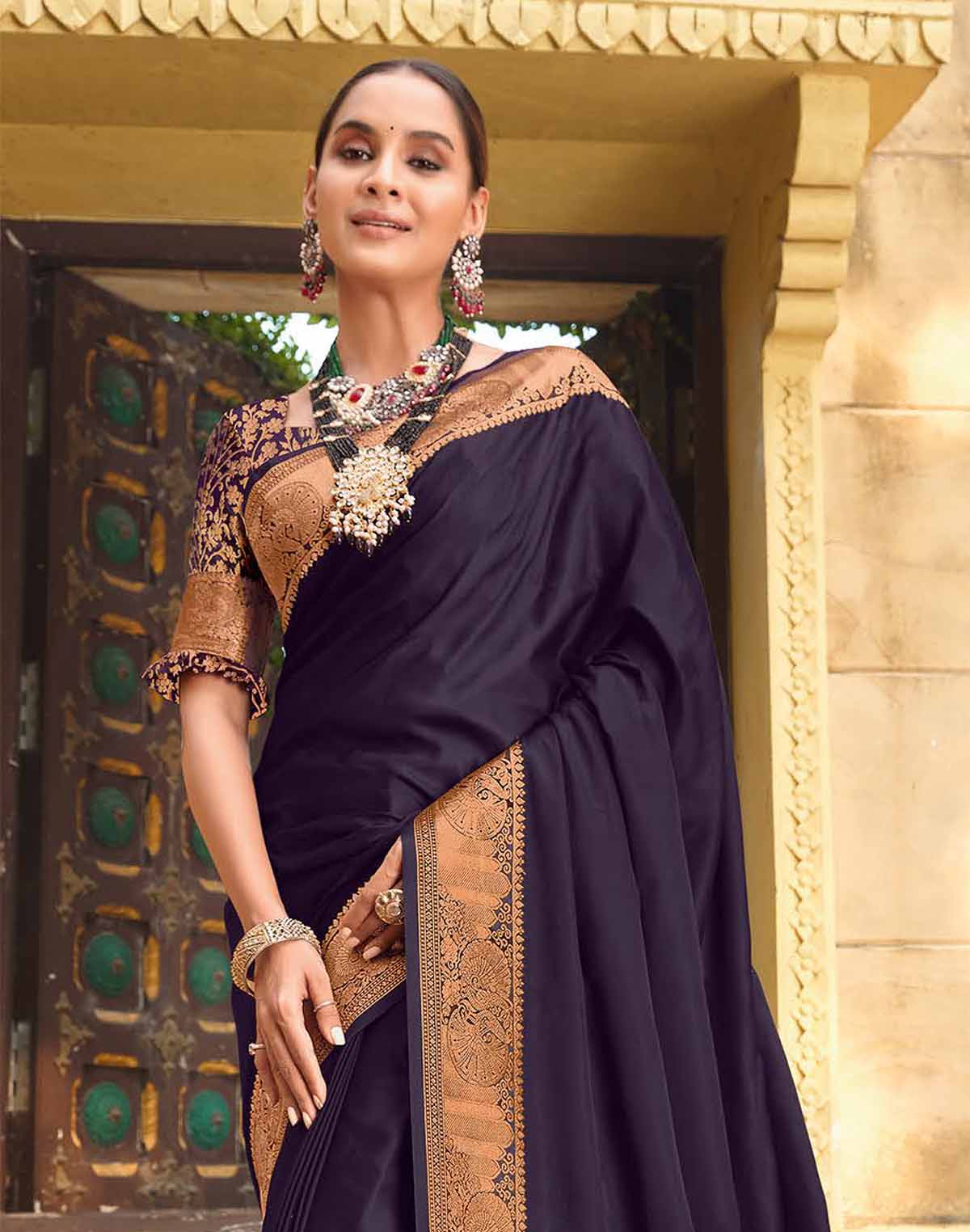 Dark Purple Satin Party Wear Saree with Elegant Border