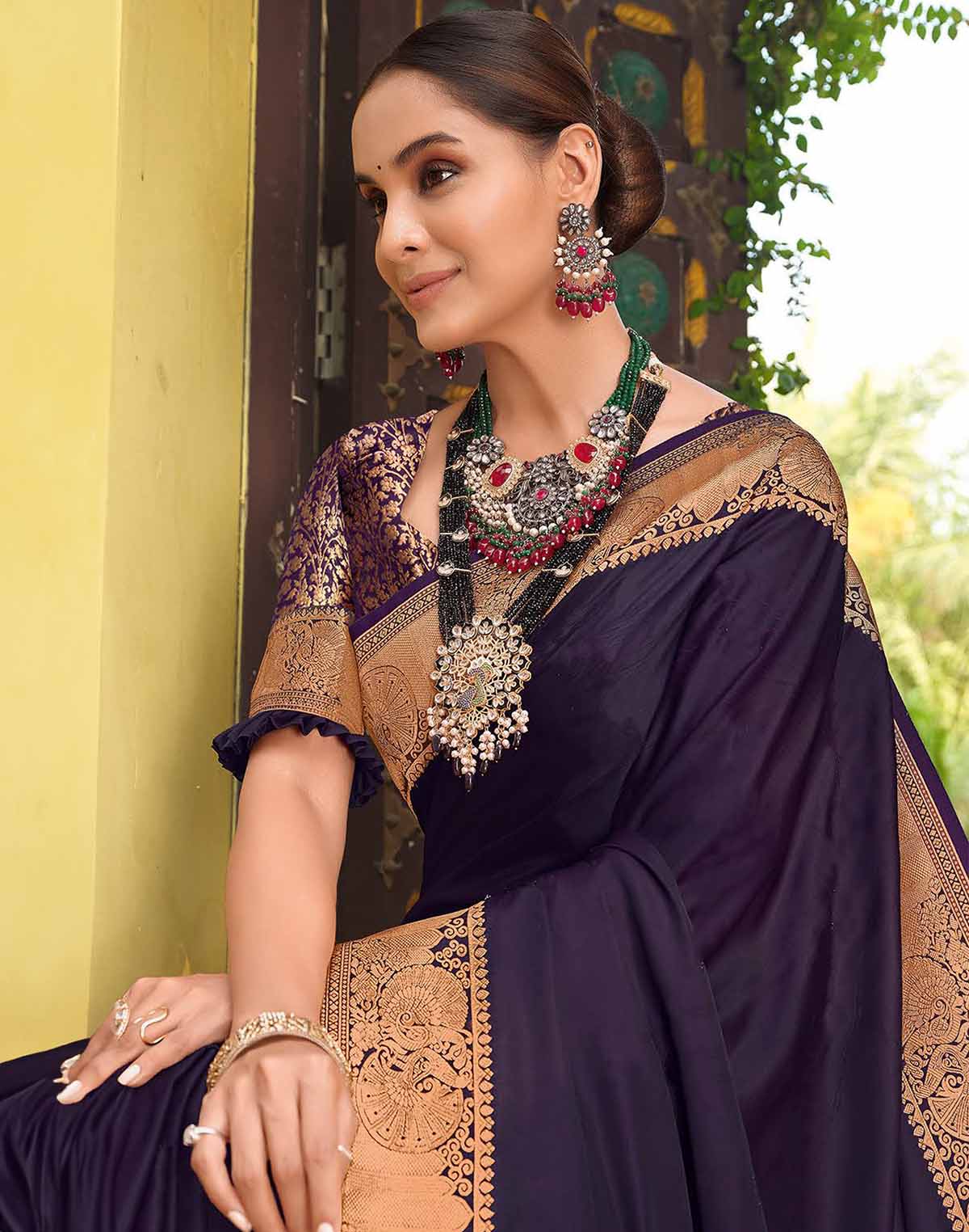 Dark Purple Satin Party Wear Saree with Elegant Border