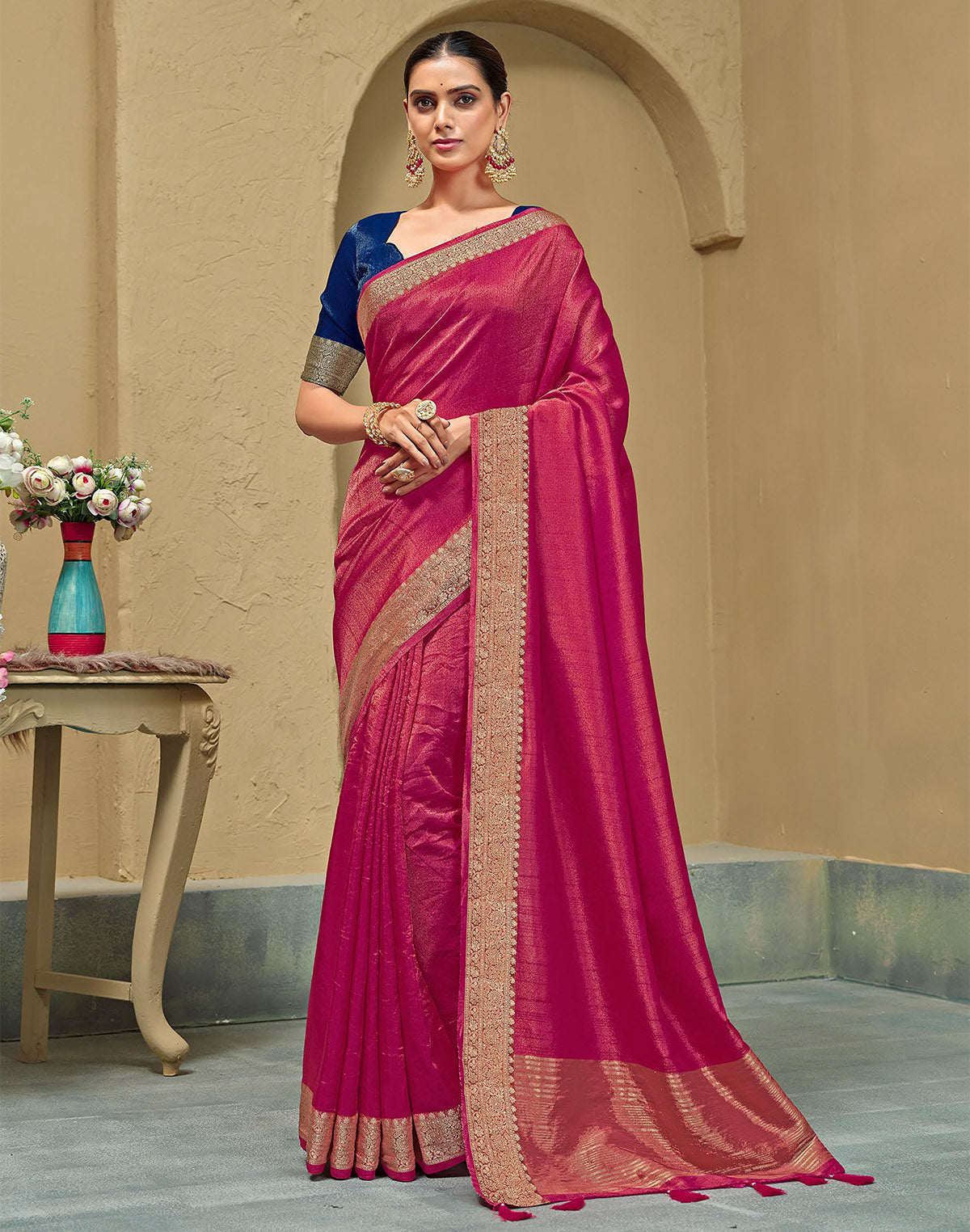 Pink Coloured Plain Raw Silk Saree