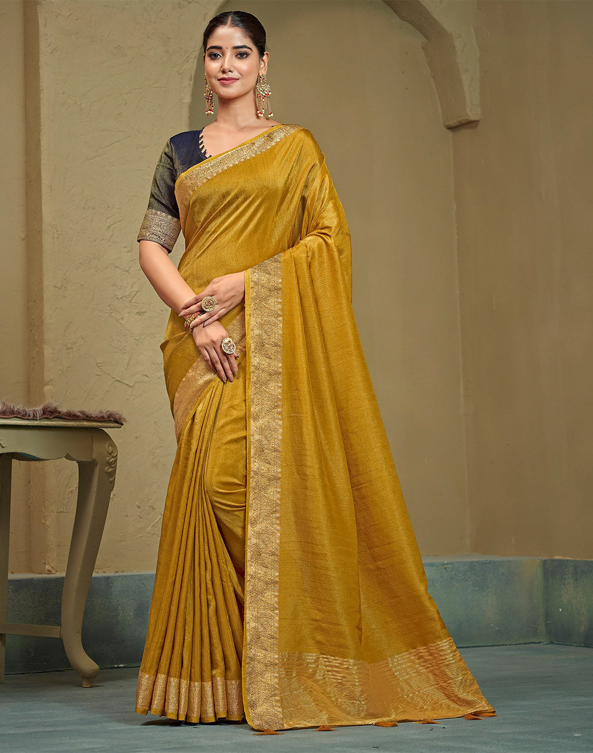 Light Mustard Raw Silk Plain Saree
