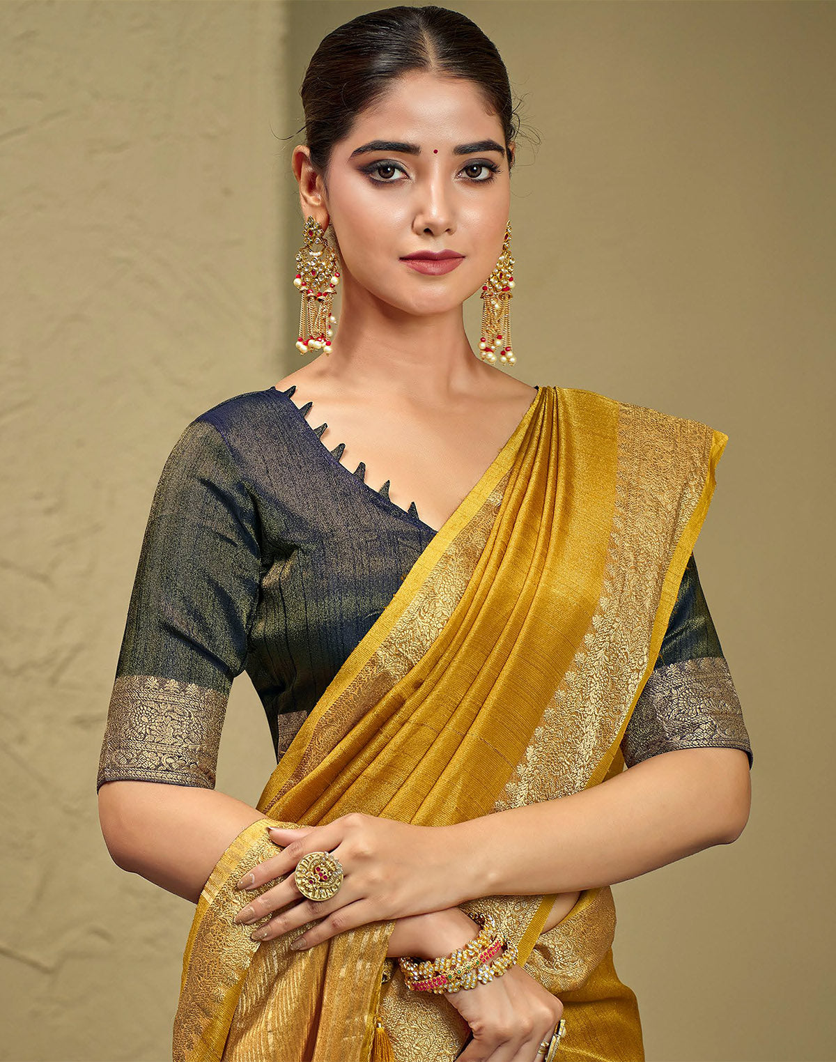 Light Mustard Raw Silk Plain Saree