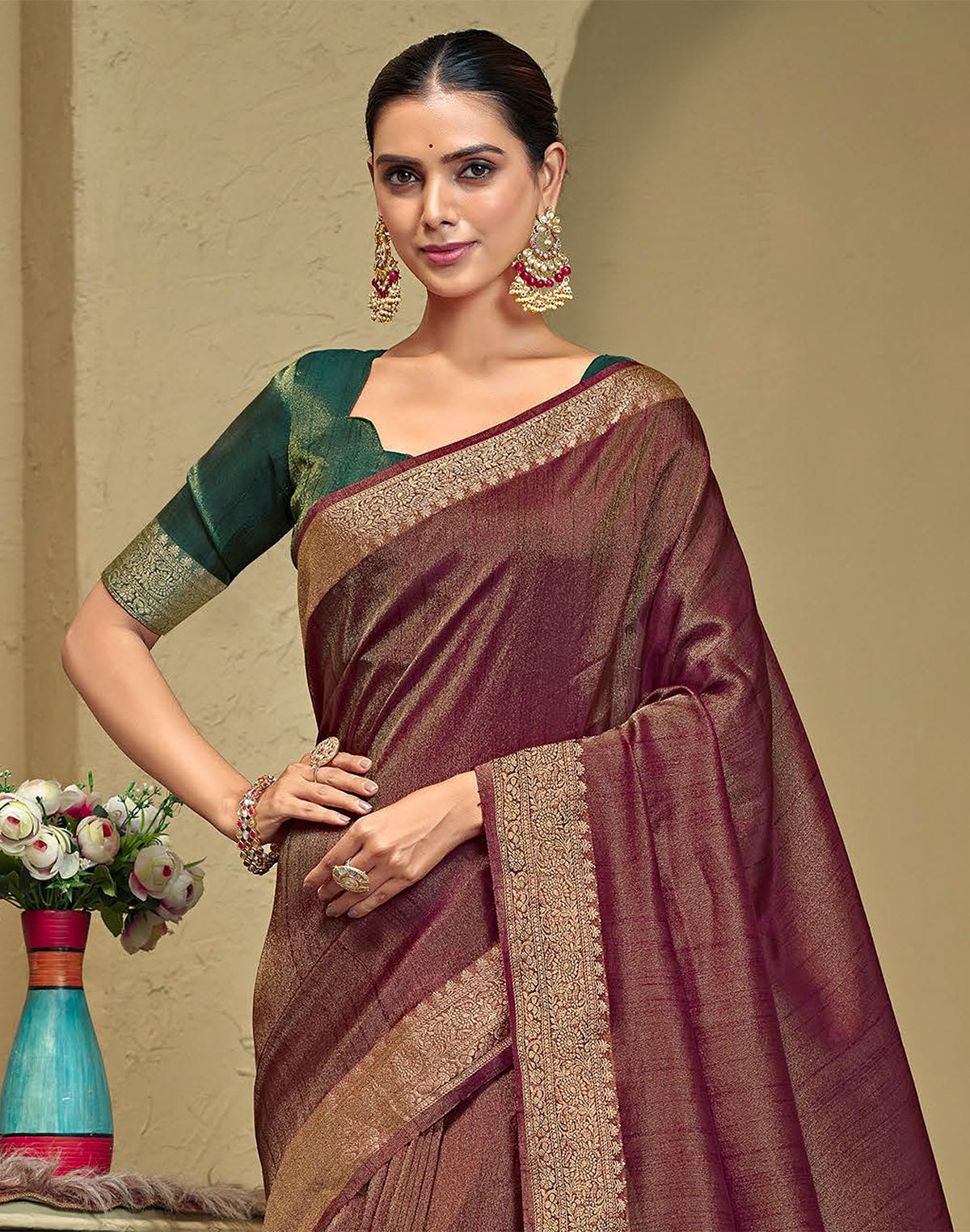 Maroon Raw Silk Saree with Tussels