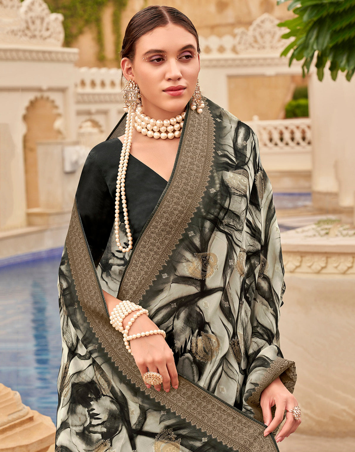 Black Art Silk Graphic Print Designer Saree