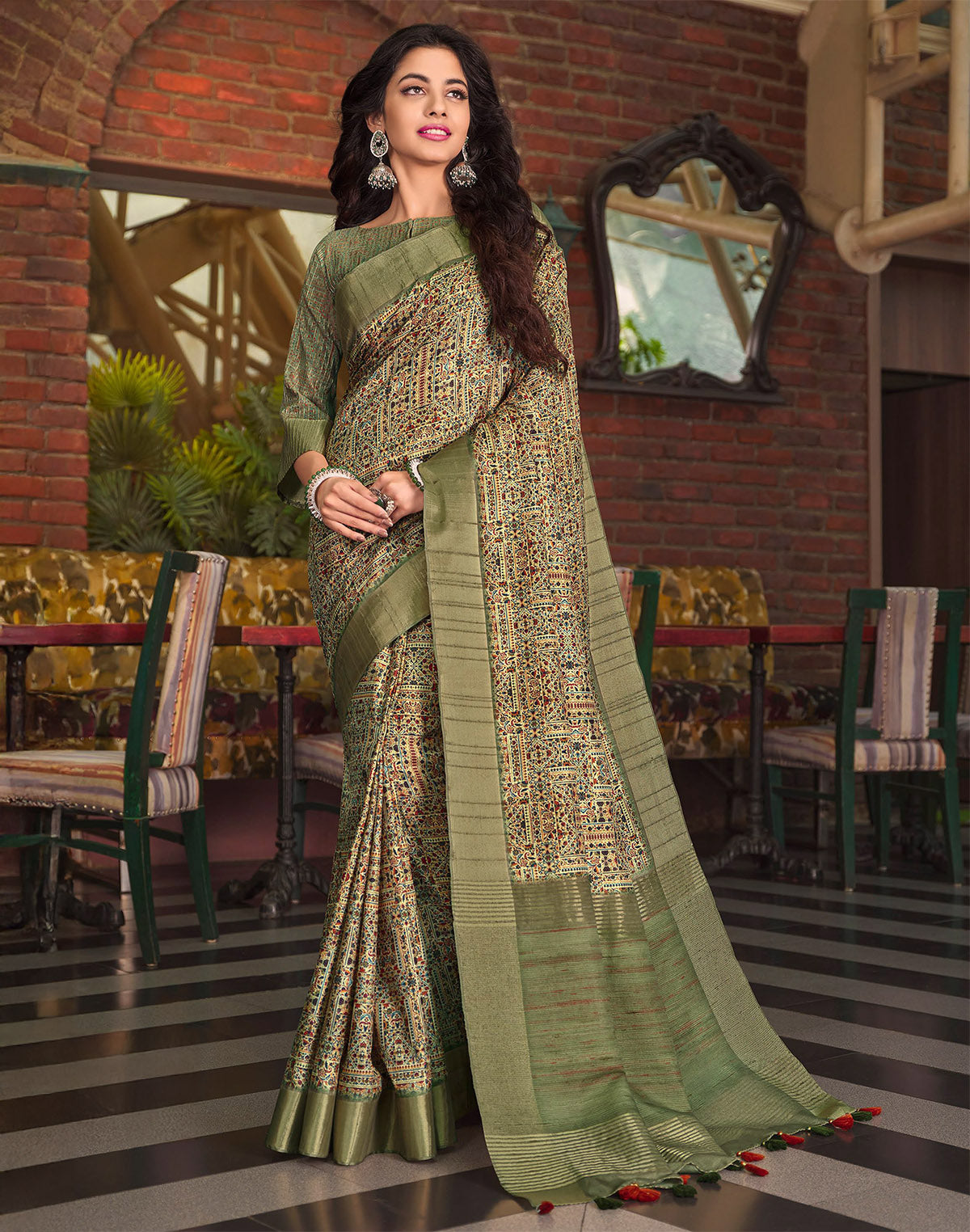 Light Green all over Digital Print Tussar Silk Saree