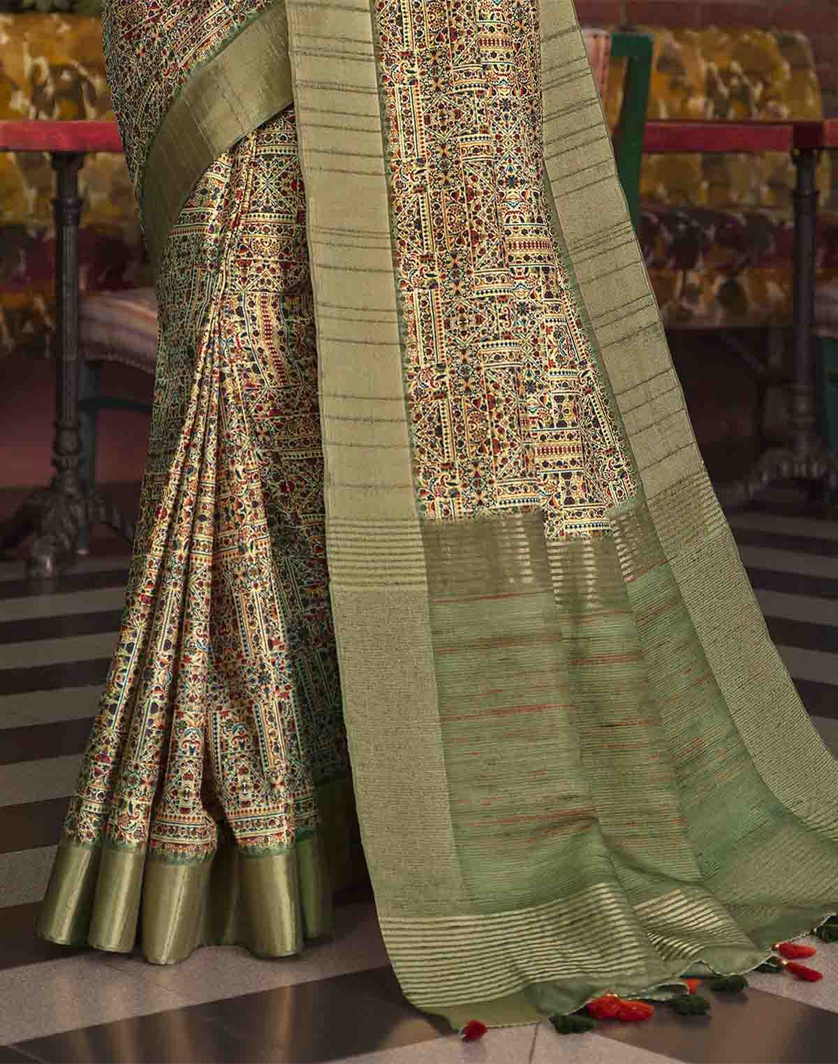 Light Green all over Digital Print Tussar Silk Saree