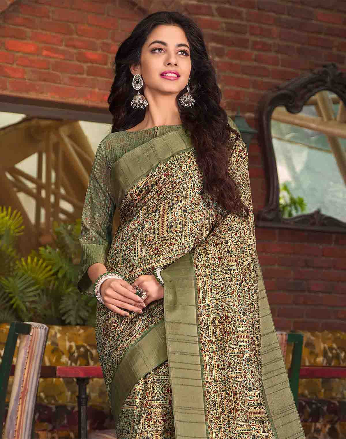Light Green all over Digital Print Tussar Silk Saree