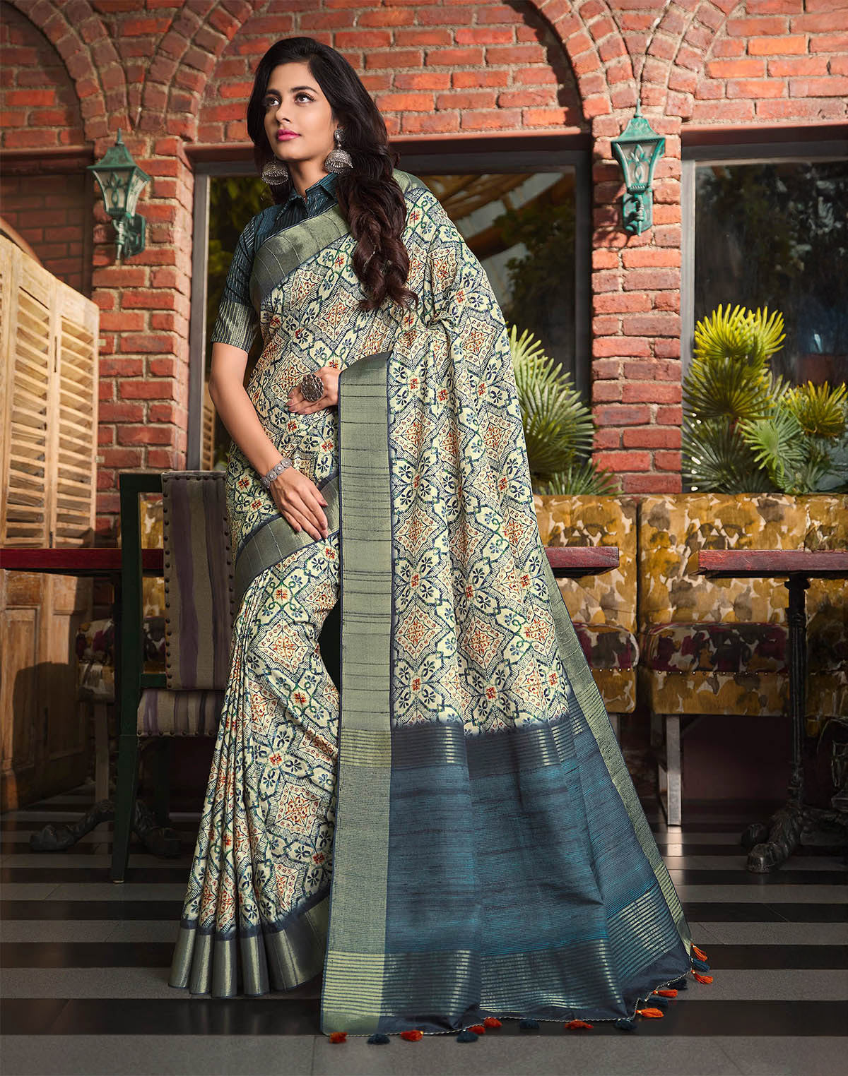 Light Grey all over Floral Print Tussar Silk Saree