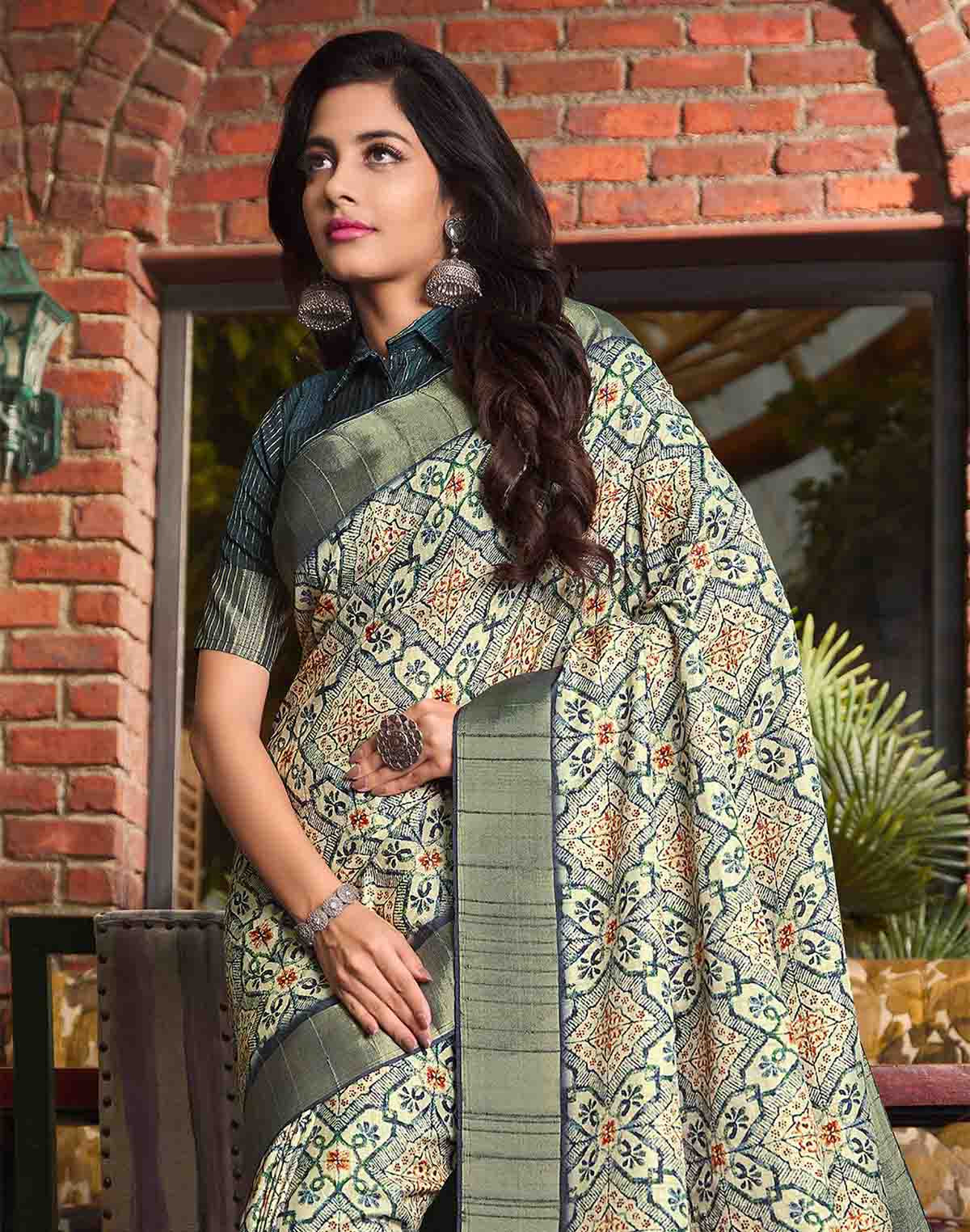 Light Grey all over Floral Print Tussar Silk Saree