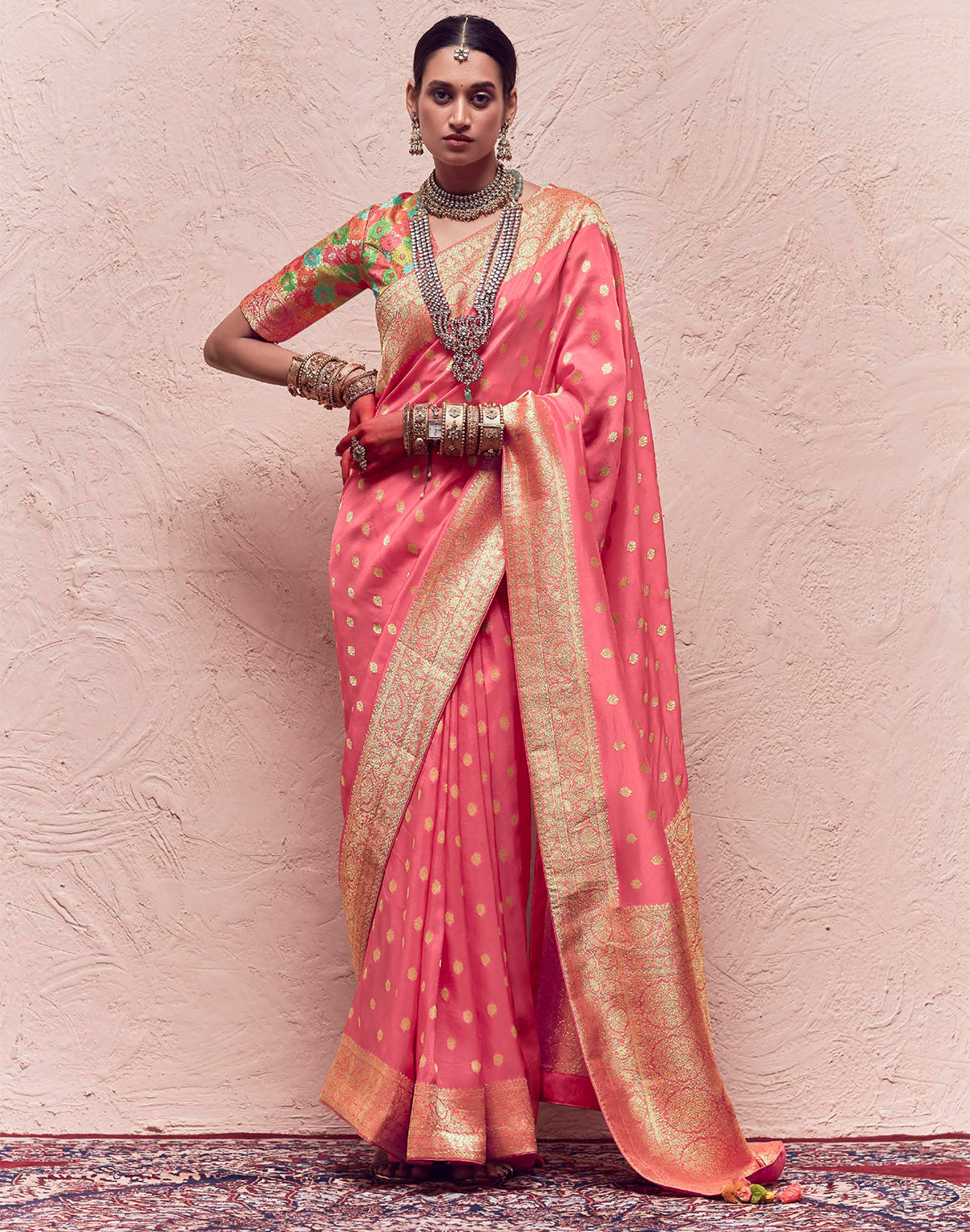 Peach Banarasi Crepe Dola Silk Saree with Designer Blouse