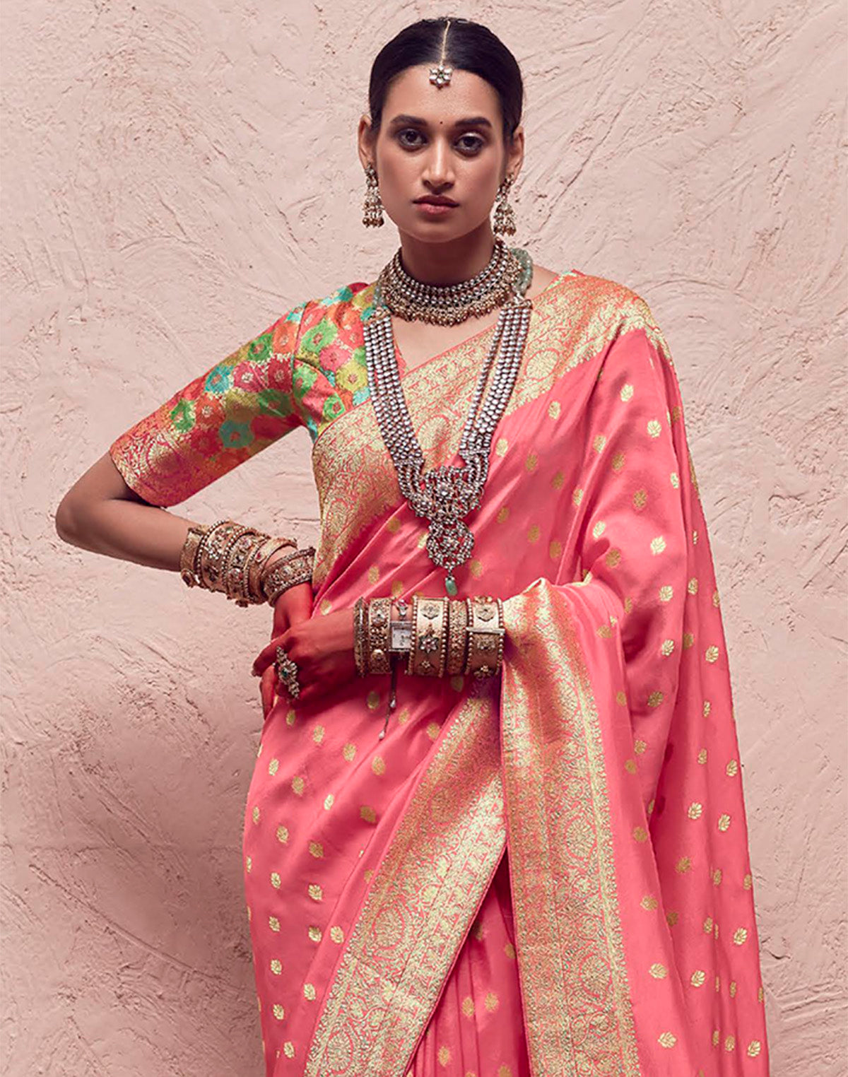 Peach Banarasi Crepe Dola Silk Saree with Designer Blouse