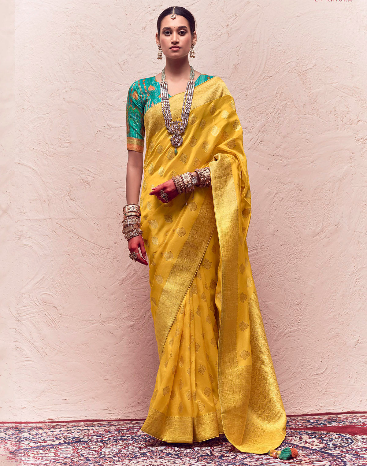 Yellow Floral Banarasi Crepe Dola Silk Saree with Designer Contrast Blouse