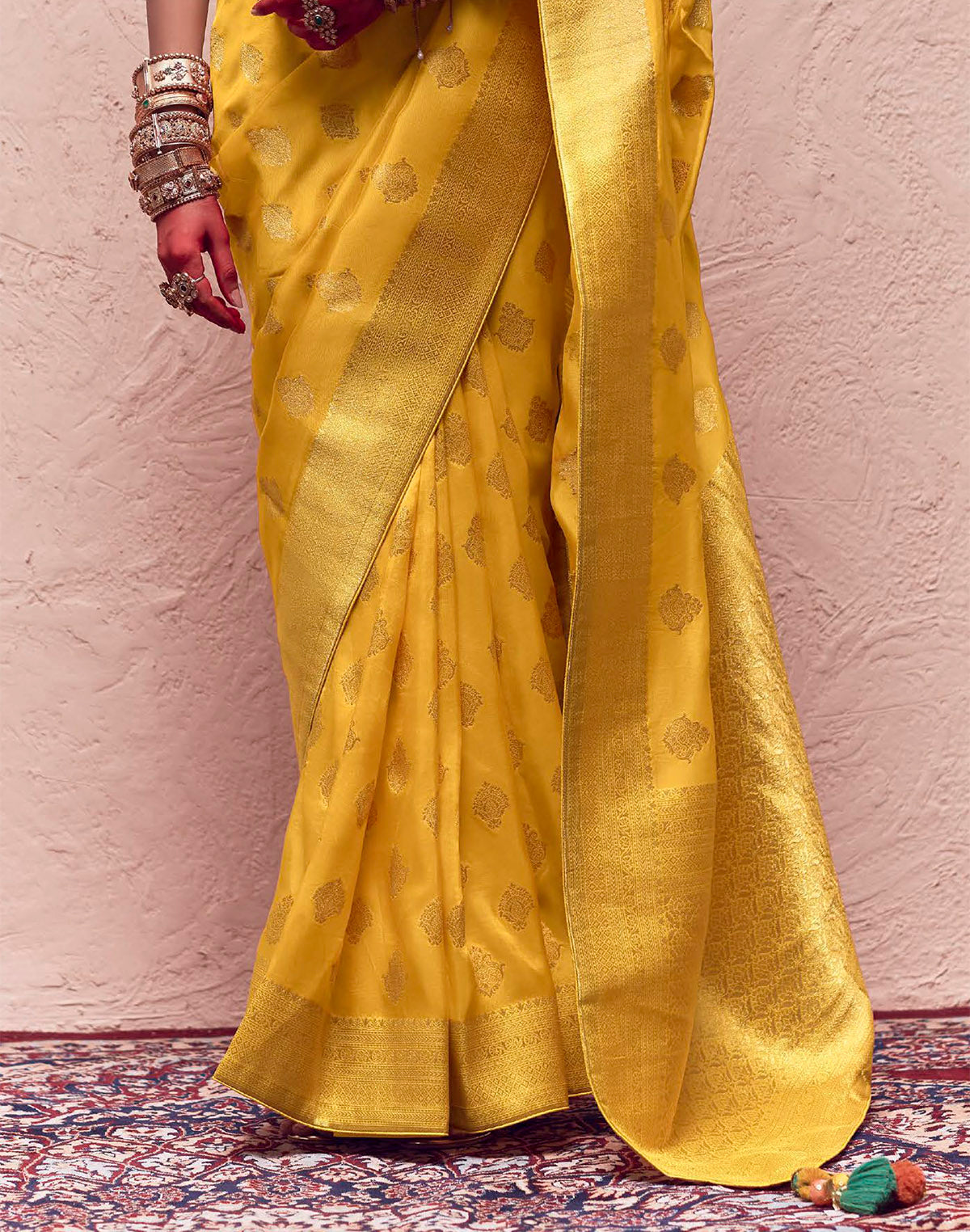 Yellow Floral Banarasi Crepe Dola Silk Saree with Designer Contrast Blouse