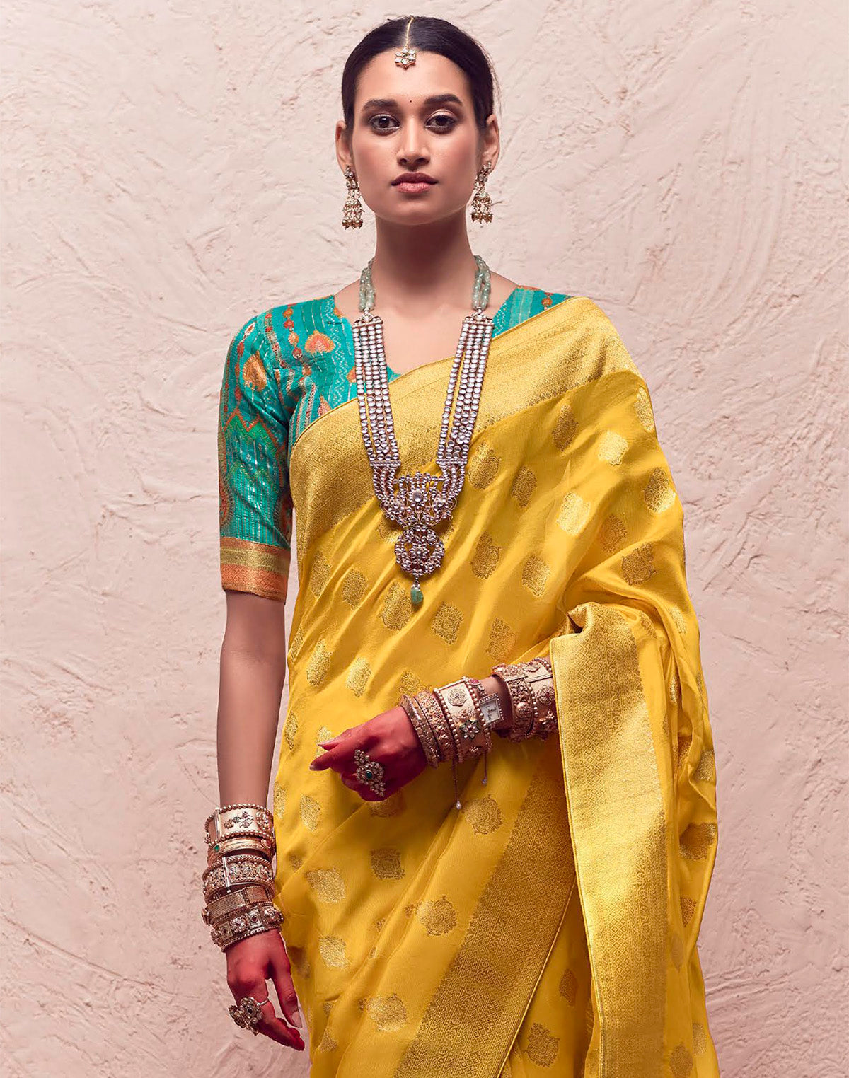 Yellow Floral Banarasi Crepe Dola Silk Saree with Designer Contrast Blouse
